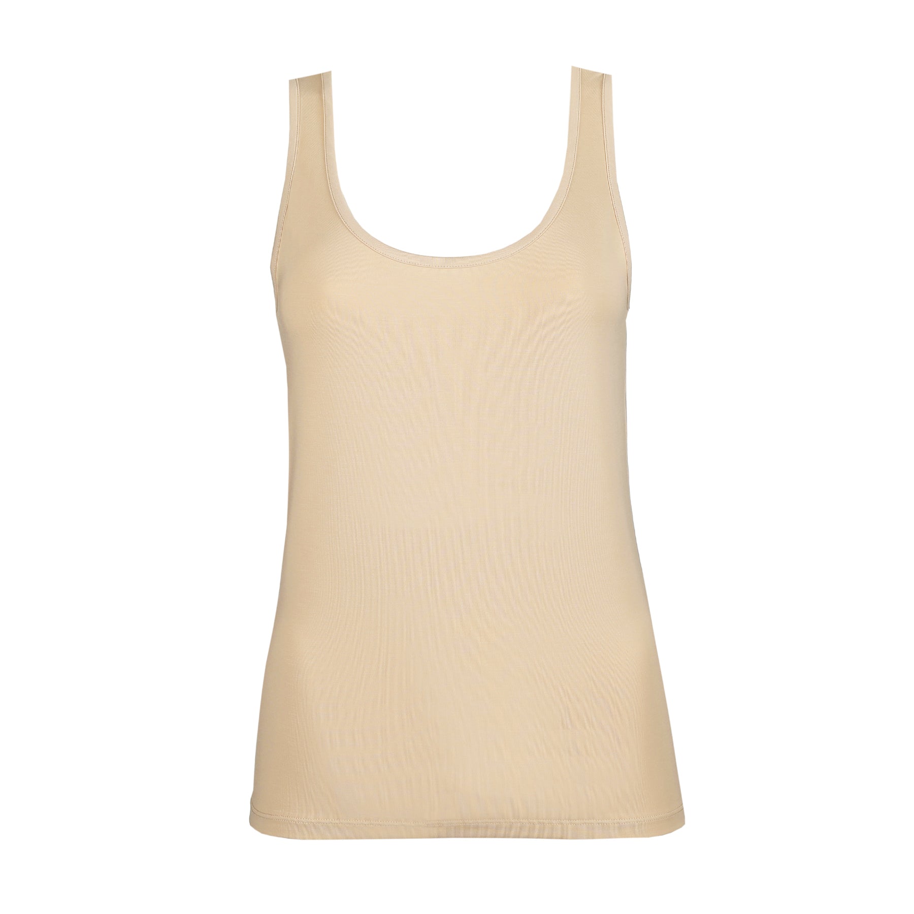 Nude seamless tank top with scoop neckline and wide straps on white background