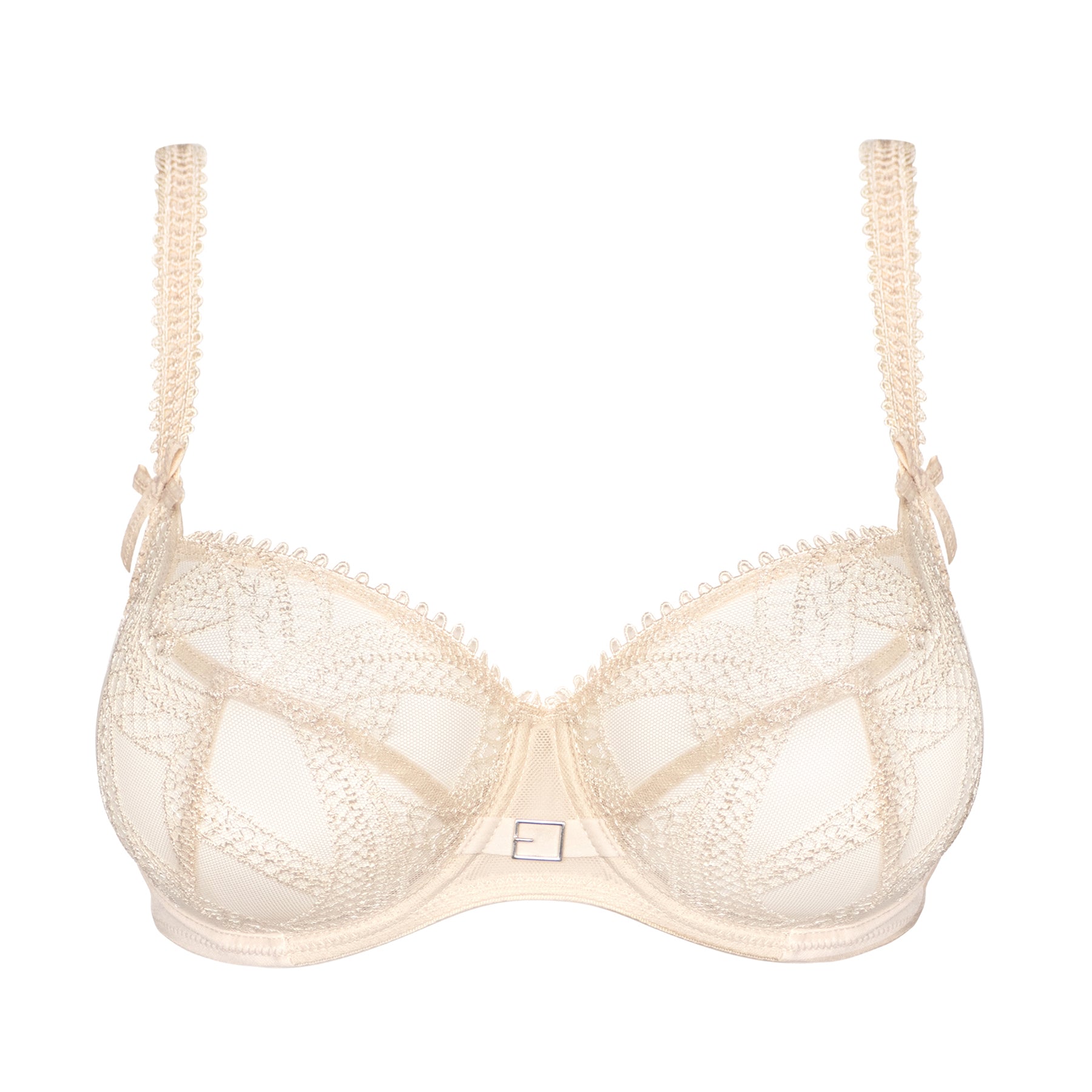 A detailed product shot of a nude lace balconette bra with intricate embroidery and delicate scalloped edges.