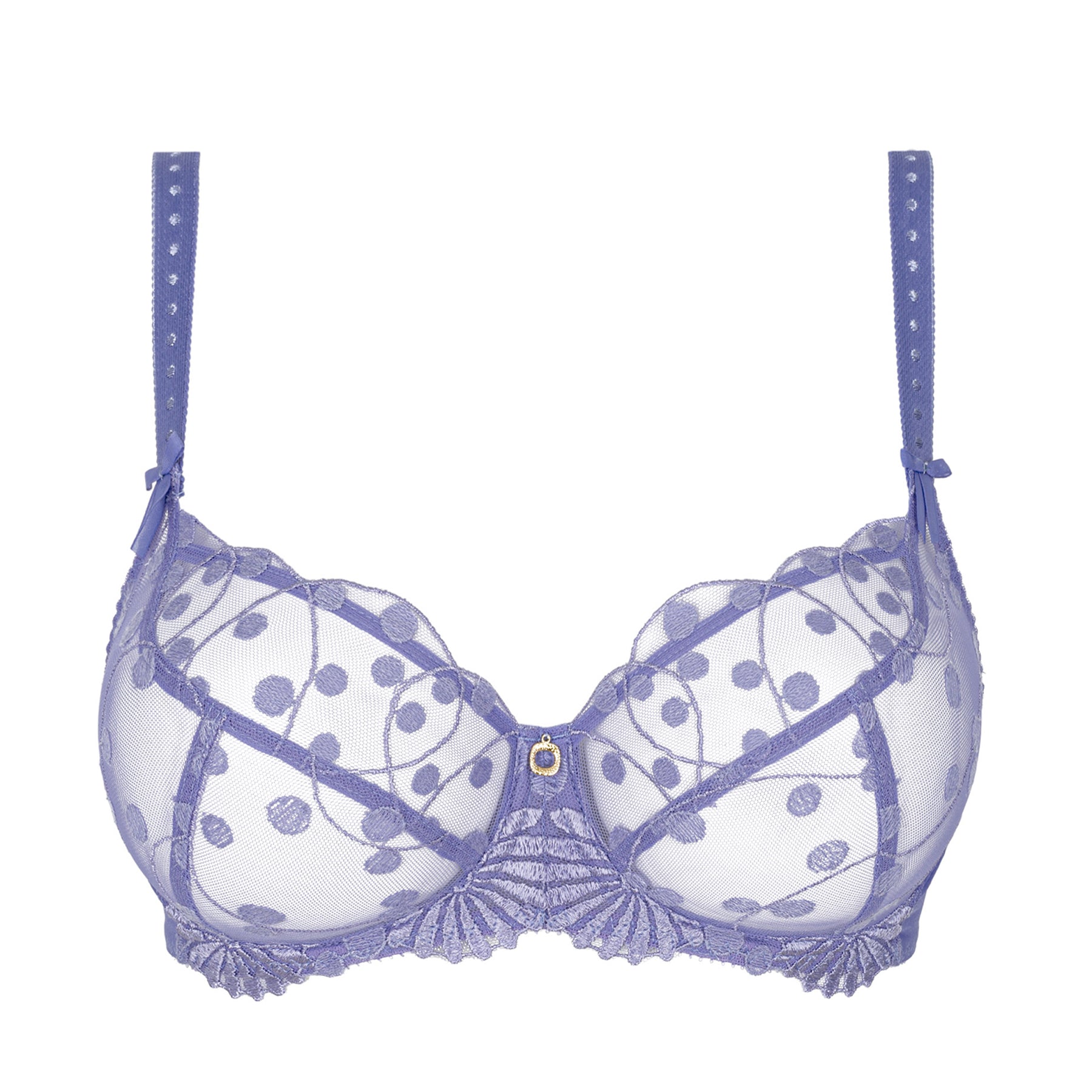 A lavender lace bra with sheer mesh cups featuring embroidered polka dot details, scalloped edges, and a small decorative charm at the center.