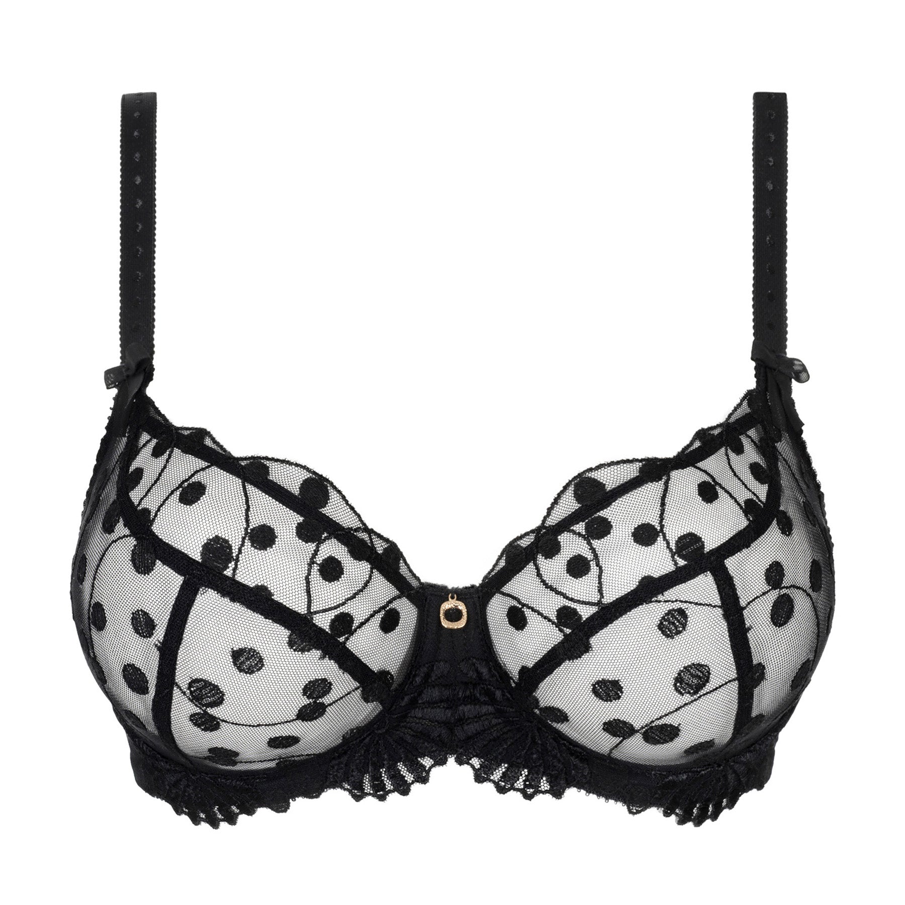 Flat lay of black sheer underwire bra with embroidered polka dots and lace trim.