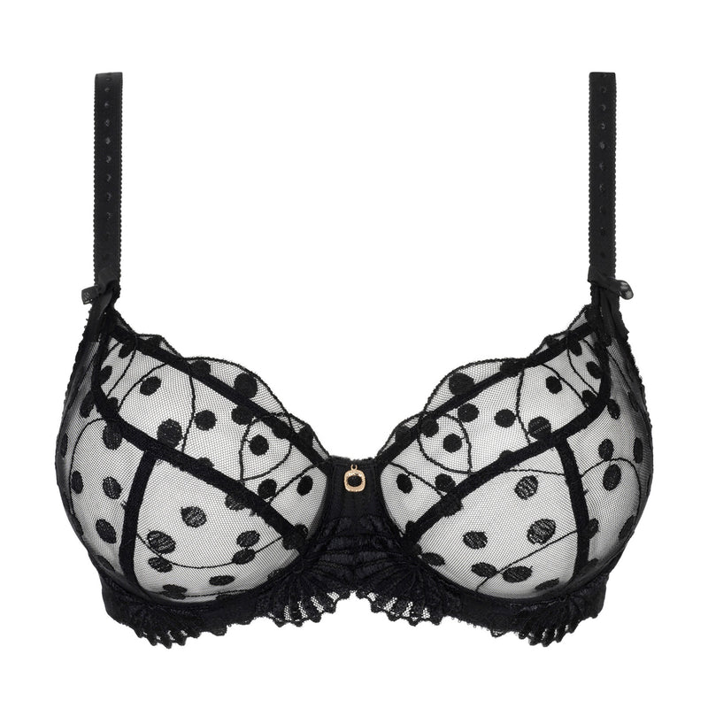 Flat lay of black sheer underwire bra with embroidered polka dots and lace trim.