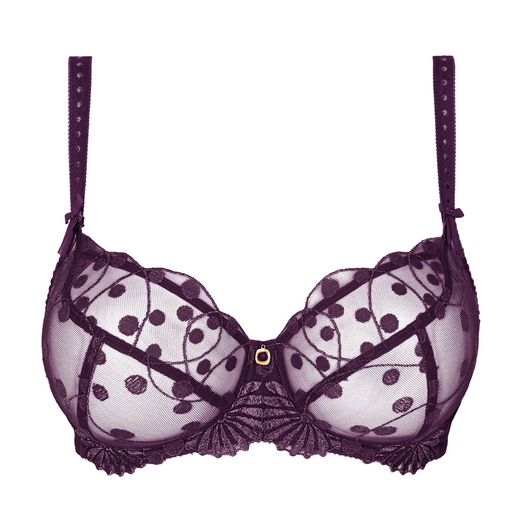 Amethyst purple sheer underwire bra with dotted embroidery, floral detailing, decorative straps and a gold centre charm.