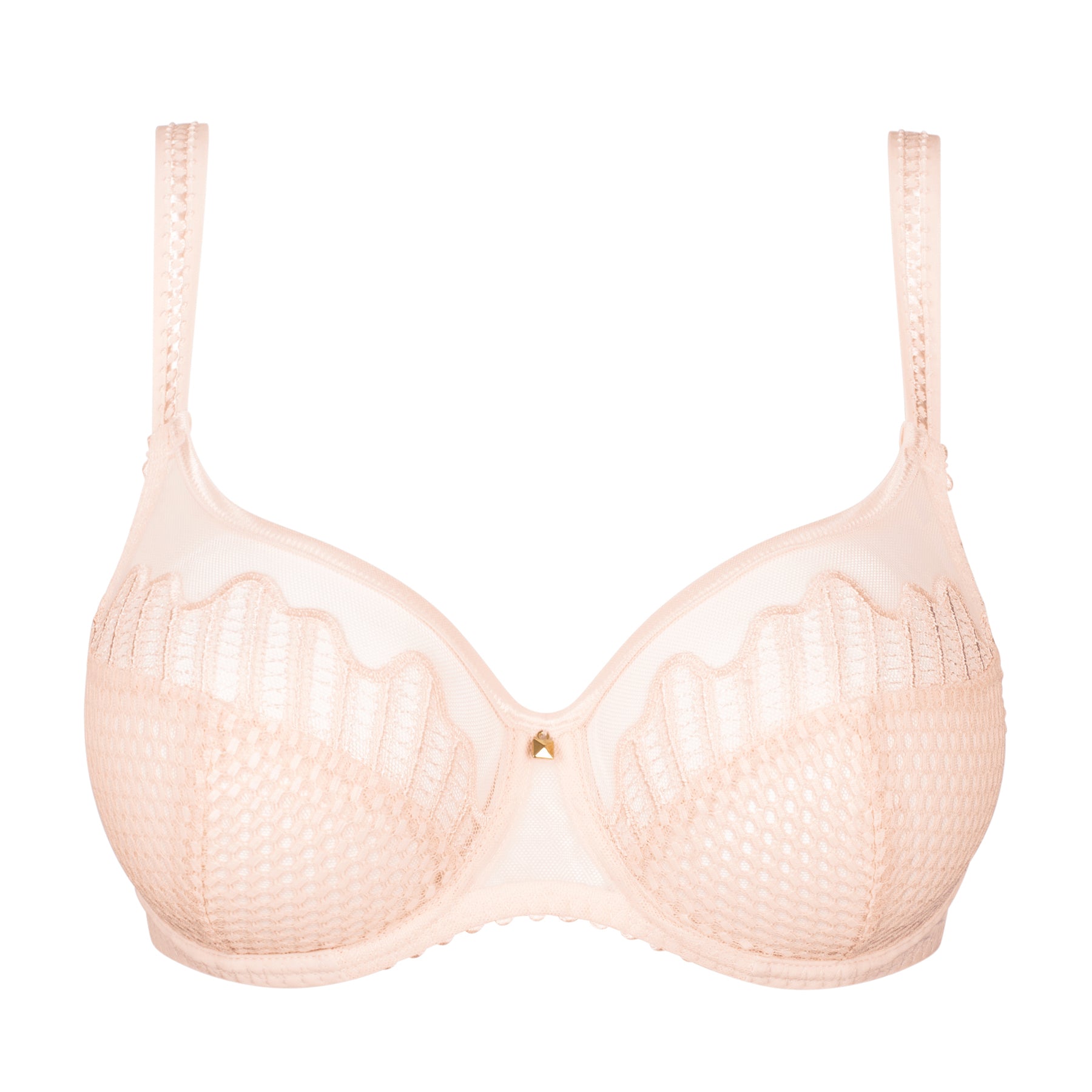 Nude full cup bra with semi-sheer upper cups, geometric textured fabric, and supportive underwire structure
