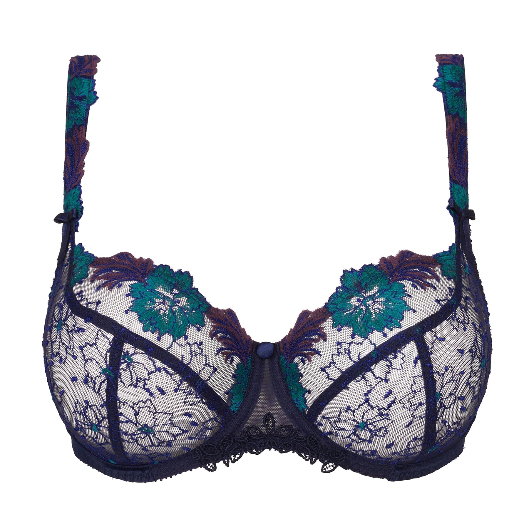Empreinte Clea Balcony Bra in Mystic Blue featuring sheer embroidered cups, floral detailing, and decorative straps.
