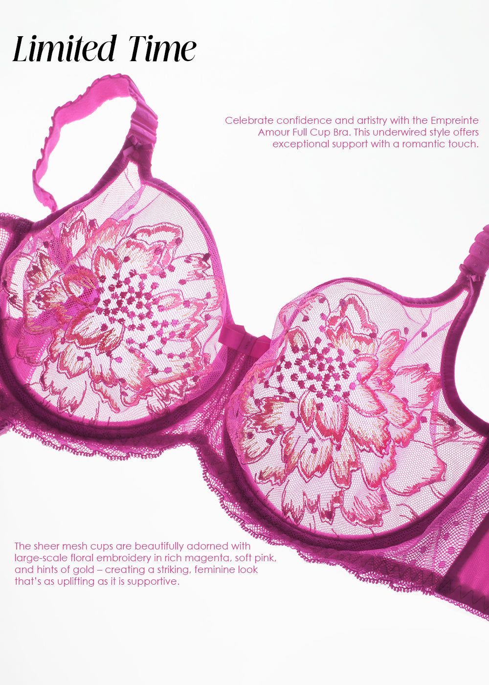 Close-up of Empreinte Amour full cup bra in rich magenta with pink and gold floral embroidery, sheer mesh cups and underwire support.