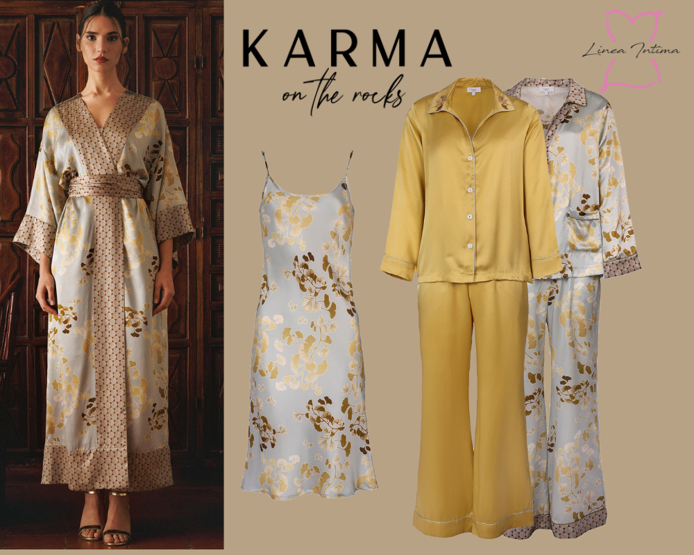 Karma on the rocks silk pyjamas, chemise and model wearing matching robe.