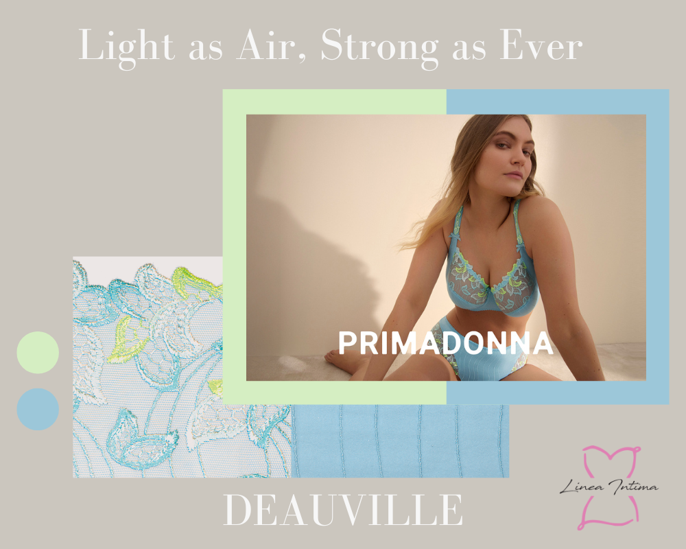 PrimaDonna Deauville lingerie set in Milky Blue featured in a mobile-optimized banner with floral lace close-up and pastel colour palette - slogan 'Light as Air, Strong as Ever' by Linea Intima.