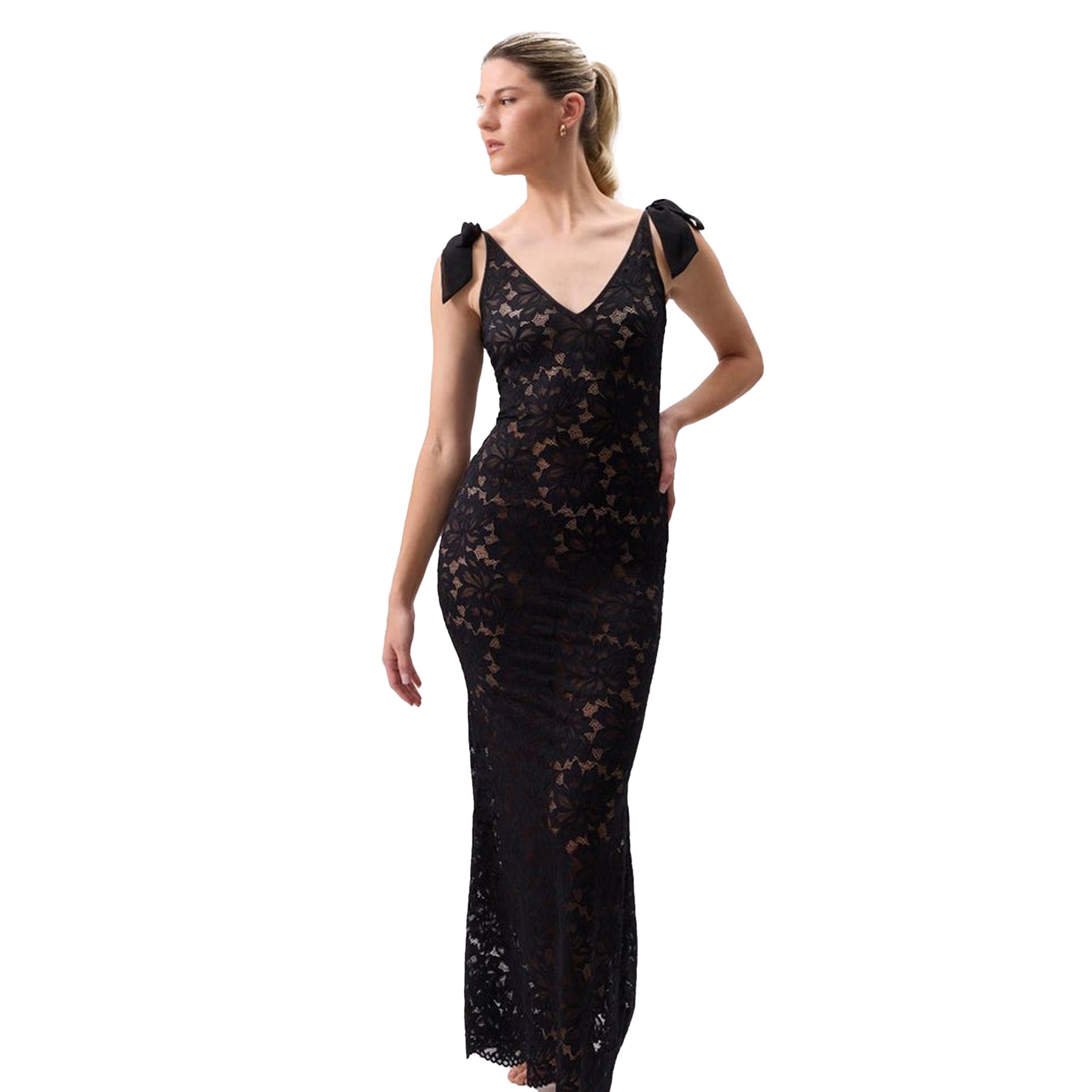 Black lace evening gown on a model against a white background