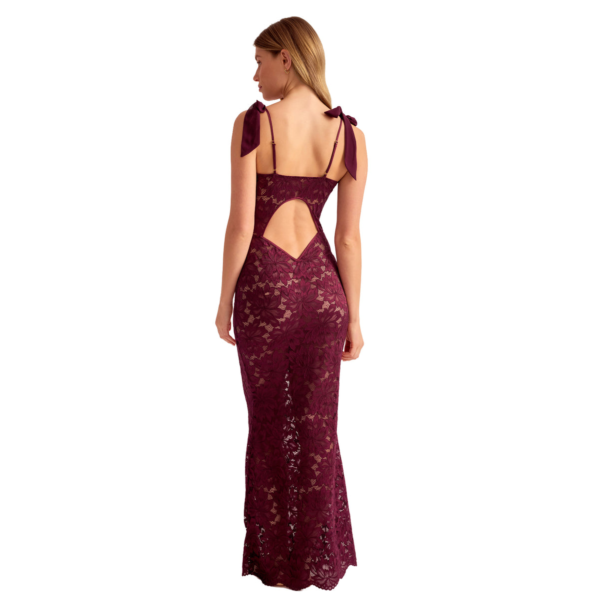 Rear view of Rya Dark Cherry lace gown featuring delicate adjustable straps, satin shoulder bows, and an elegant open-back cutout.