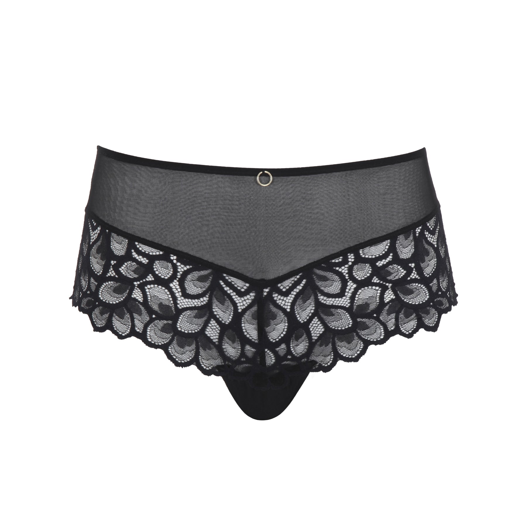 Black high-waist lace shorty brief on white background with sheer mesh and scalloped lace edges.