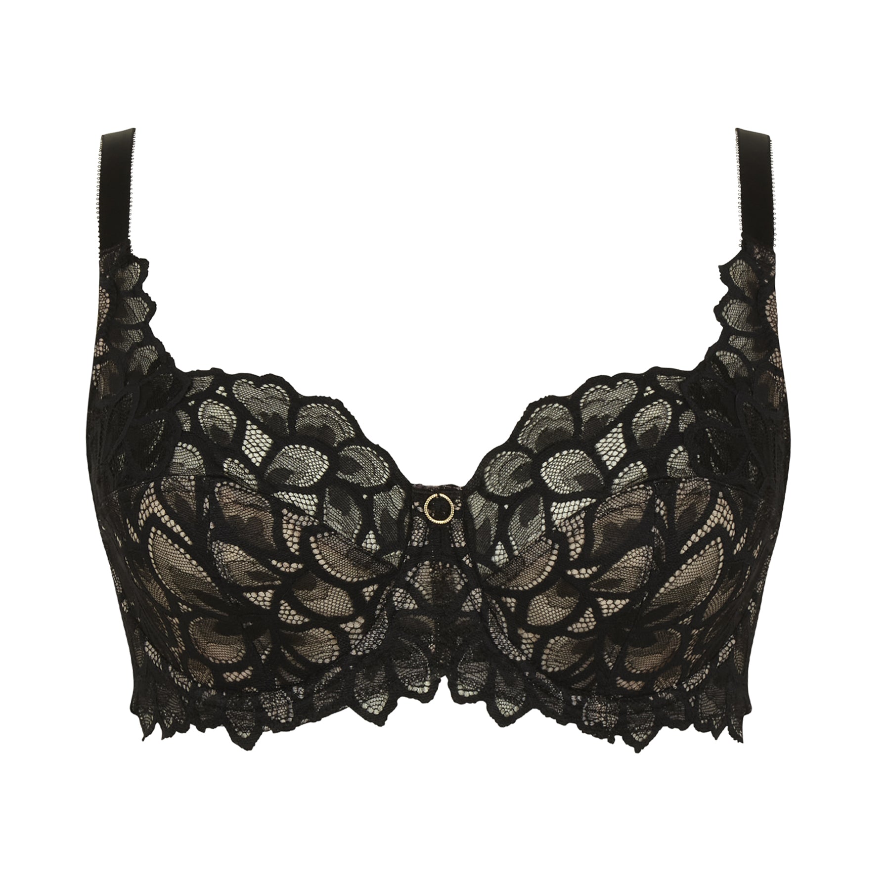 Black lace balconette bra on white background with scalloped edges and gold ring centre detail.