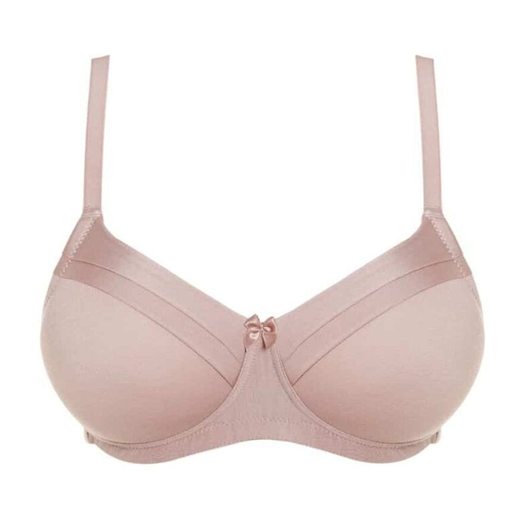Model smiling in blush pink bra styled with jeans, showing a natural everyday fit.