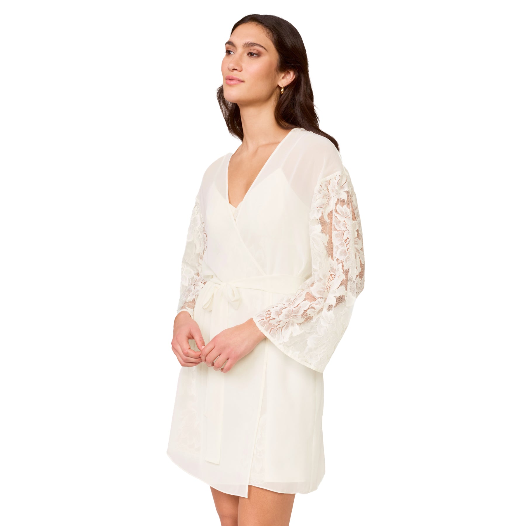 Ivory sheer chiffon robe with delicate lace sleeves and soft wrap silhouette, styled over matching lingerie.
