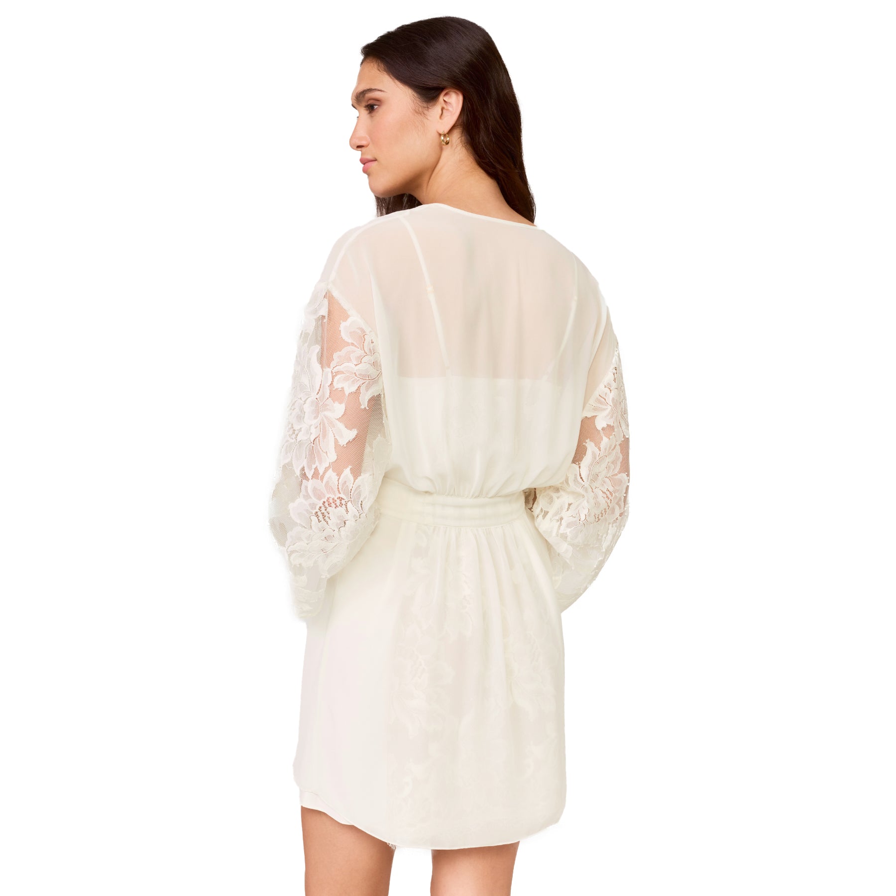 Back view of ivory bridal robe featuring sheer chiffon fabric, lace long sleeves, and relaxed flowing fit.