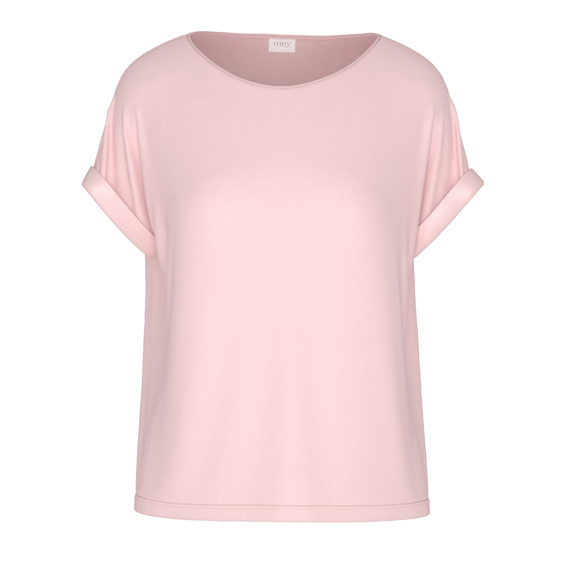 Soft pink short-sleeve women’s T-shirt with a relaxed silhouette, rolled sleeve cuffs, and round neckline, laid flat on a white background.