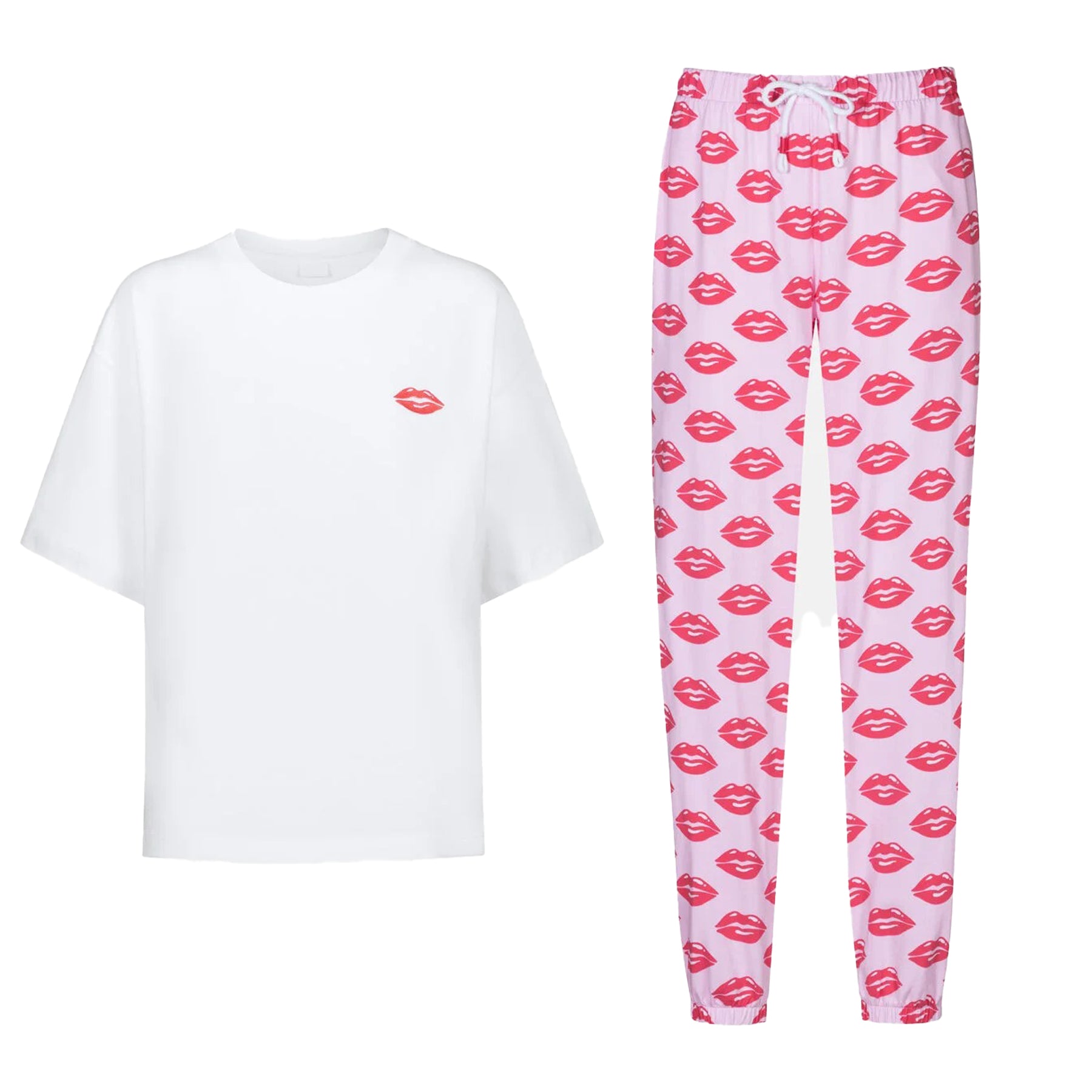 Flat lay of white T-shirt with lip print and pink jogger pants featuring all-over red lips pattern.