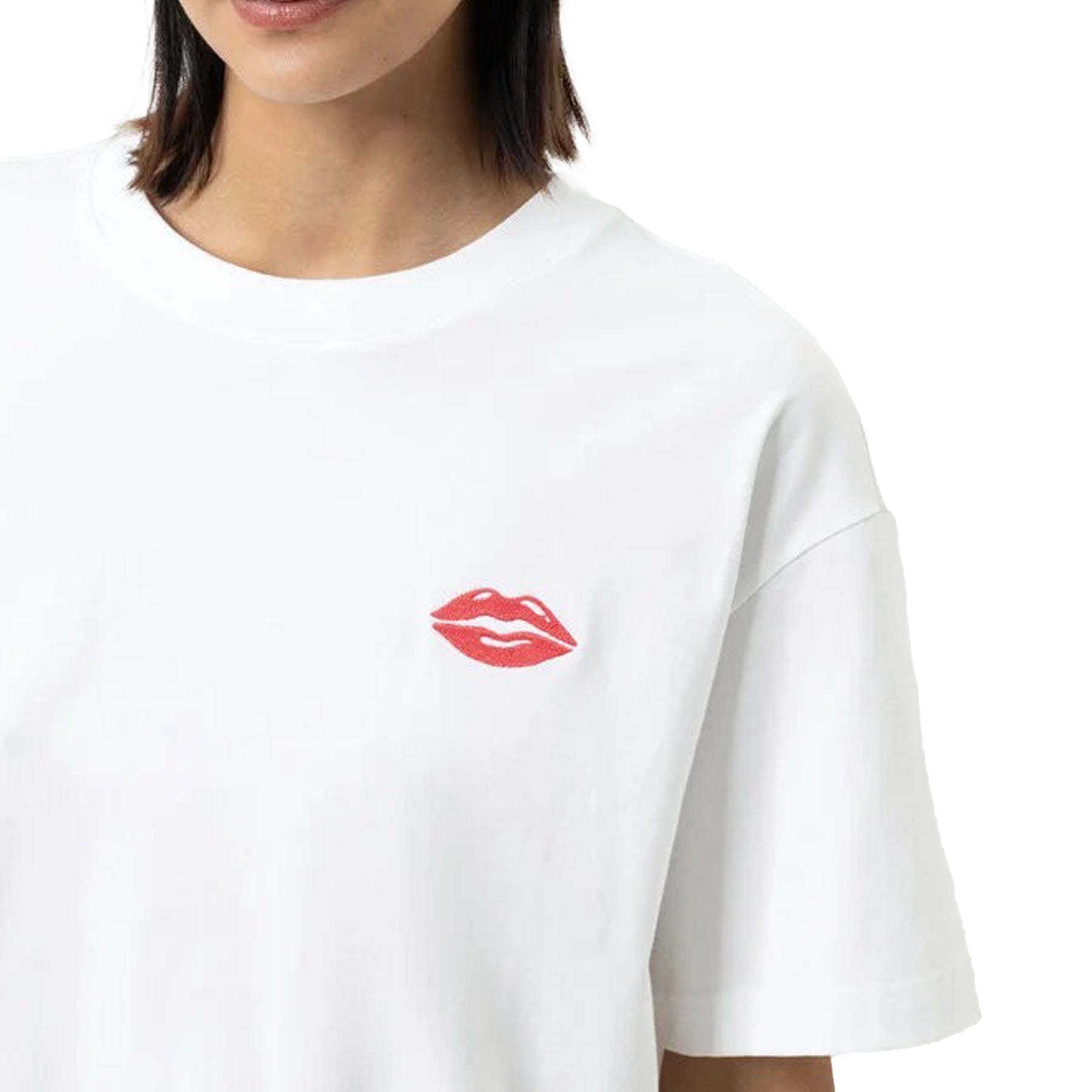 Close-up of white T-shirt chest detail with red lips motif.