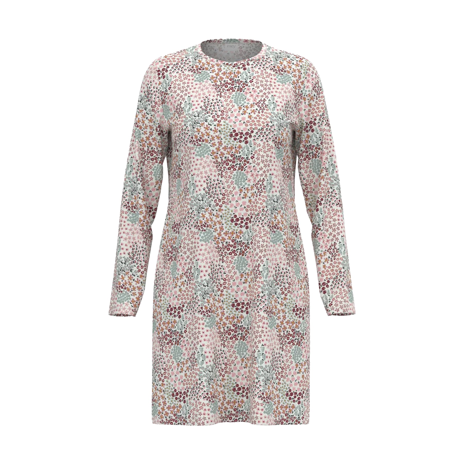 Flat lay of floral cotton nightshirt with long sleeves and round neckline