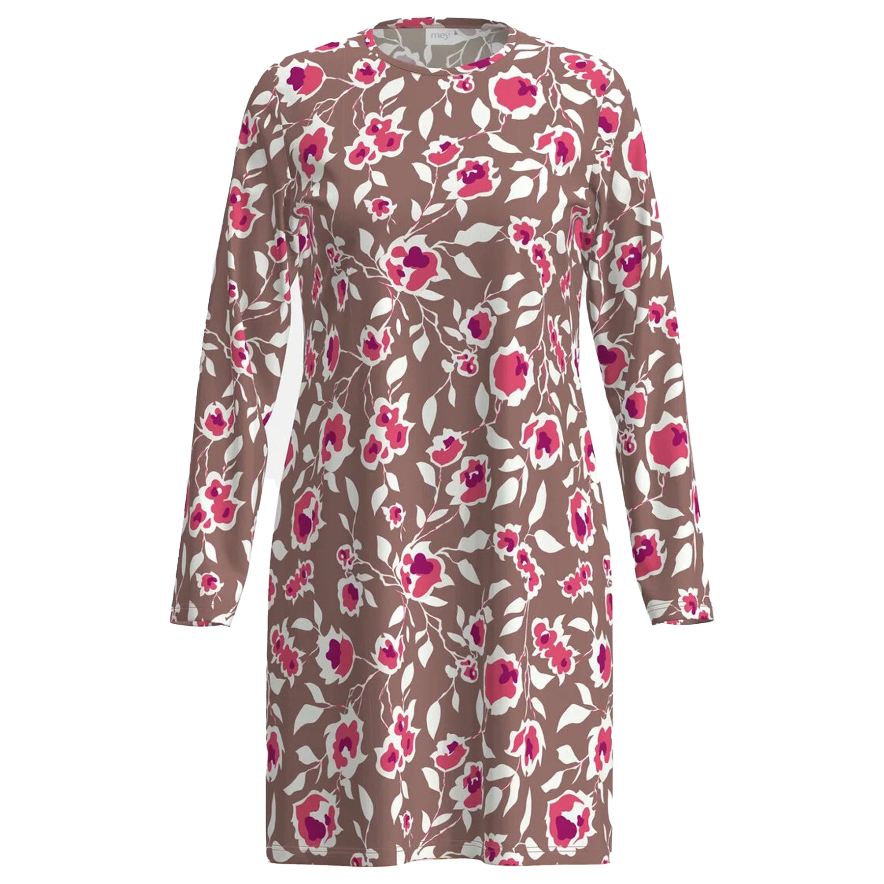 Long-sleeve floral nightgown in taupe with pink and white flower pattern laid flat.