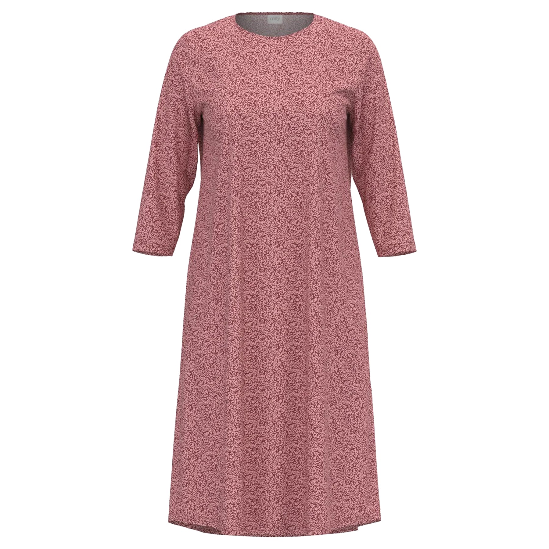 Flat lay of rose-pink 3/4 sleeve cotton nightgown with delicate print, front view.