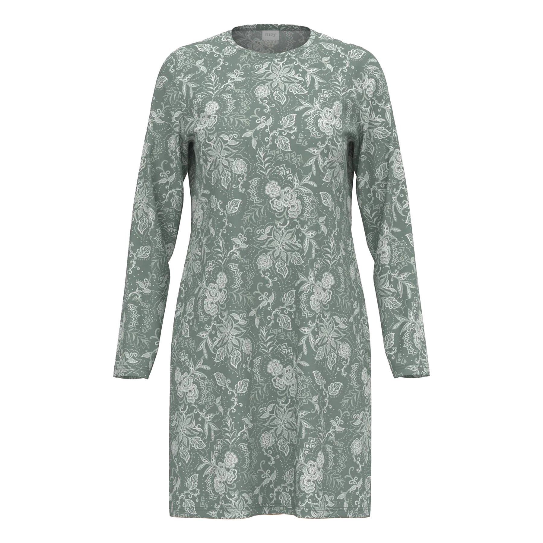 Sage green long-sleeve nightshirt with white floral print, displayed on a white background.