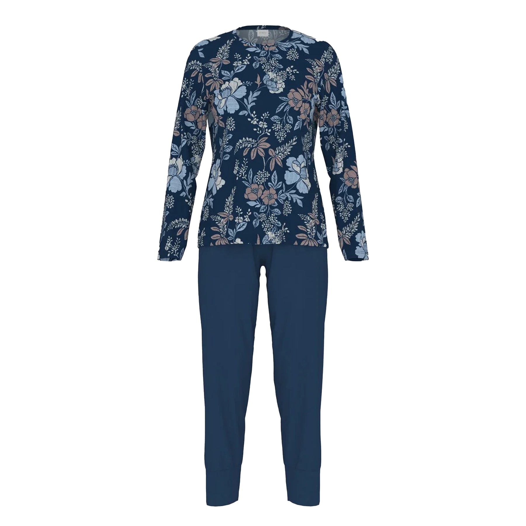 Navy blue floral pajama set with printed long-sleeve top and plain pants, displayed on plain background.