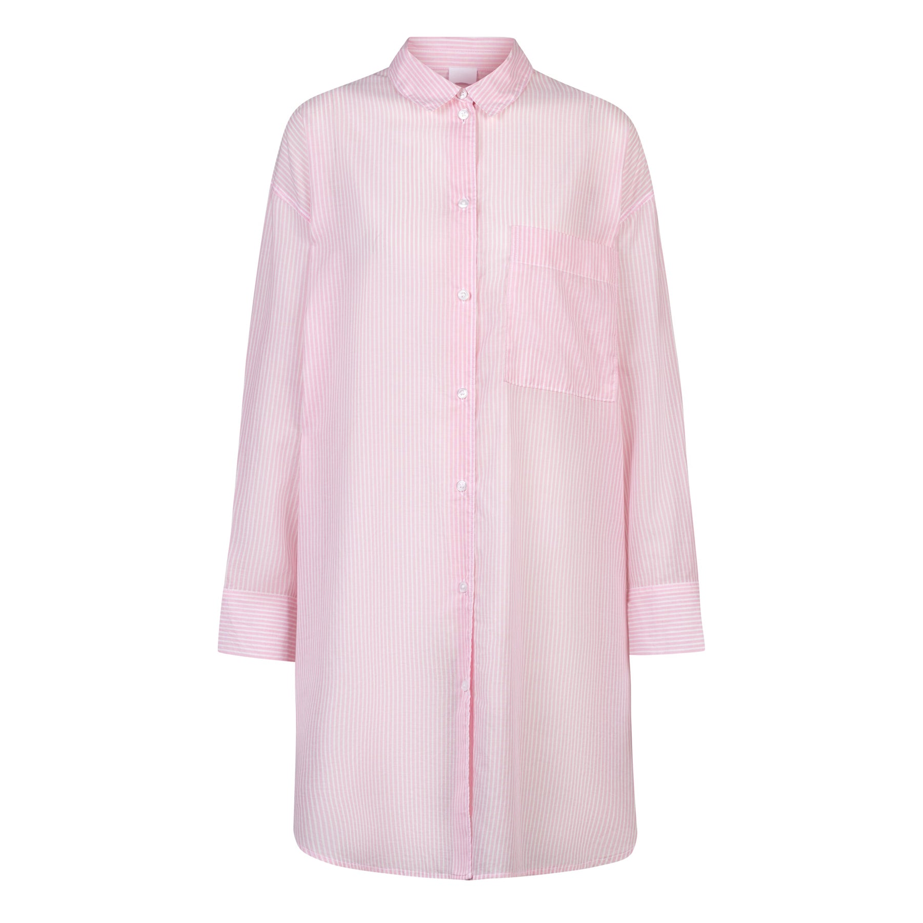 Pink striped button-front nightshirt with long sleeves and chest pocket