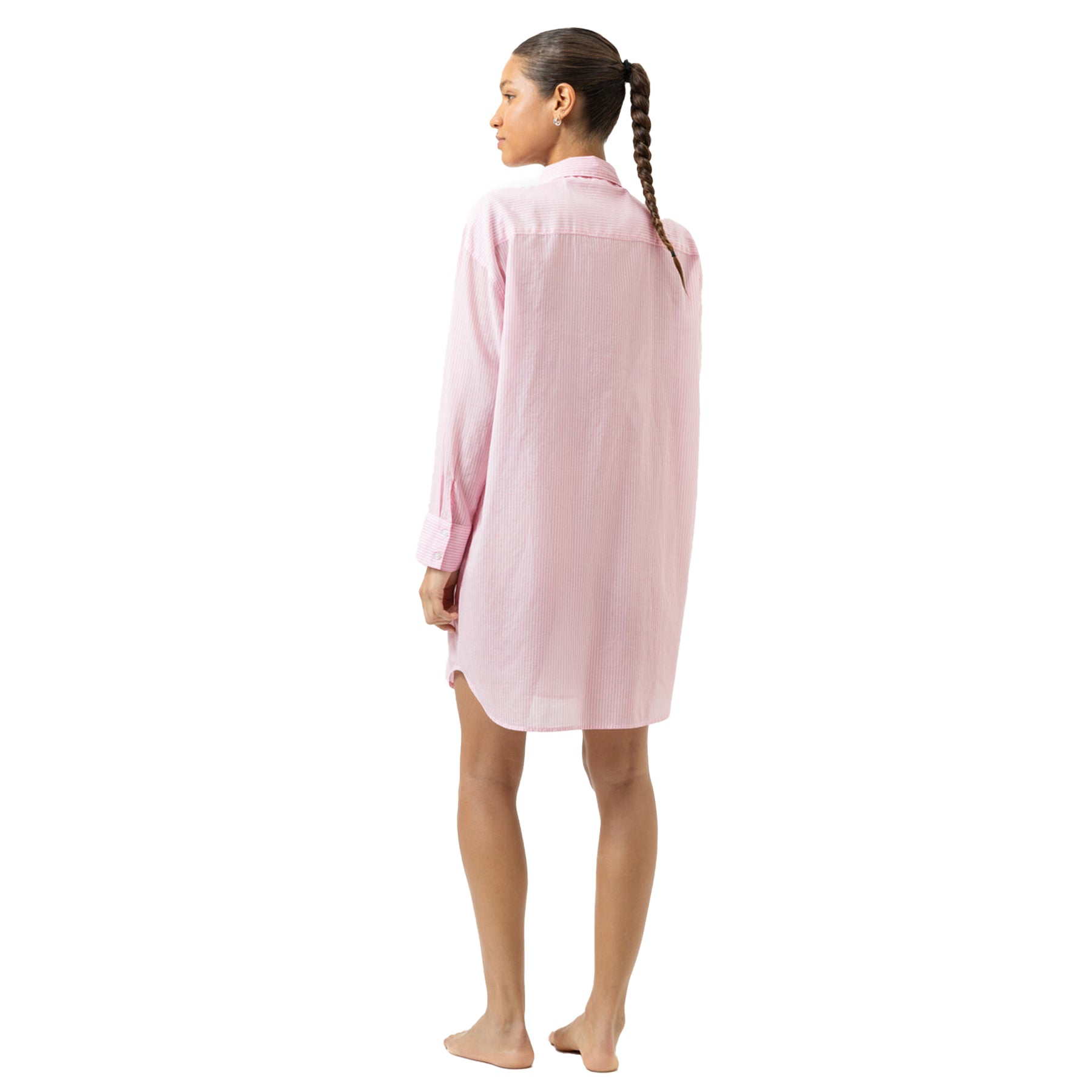 Back view of pink striped long sleeve nightshirt sleep dress