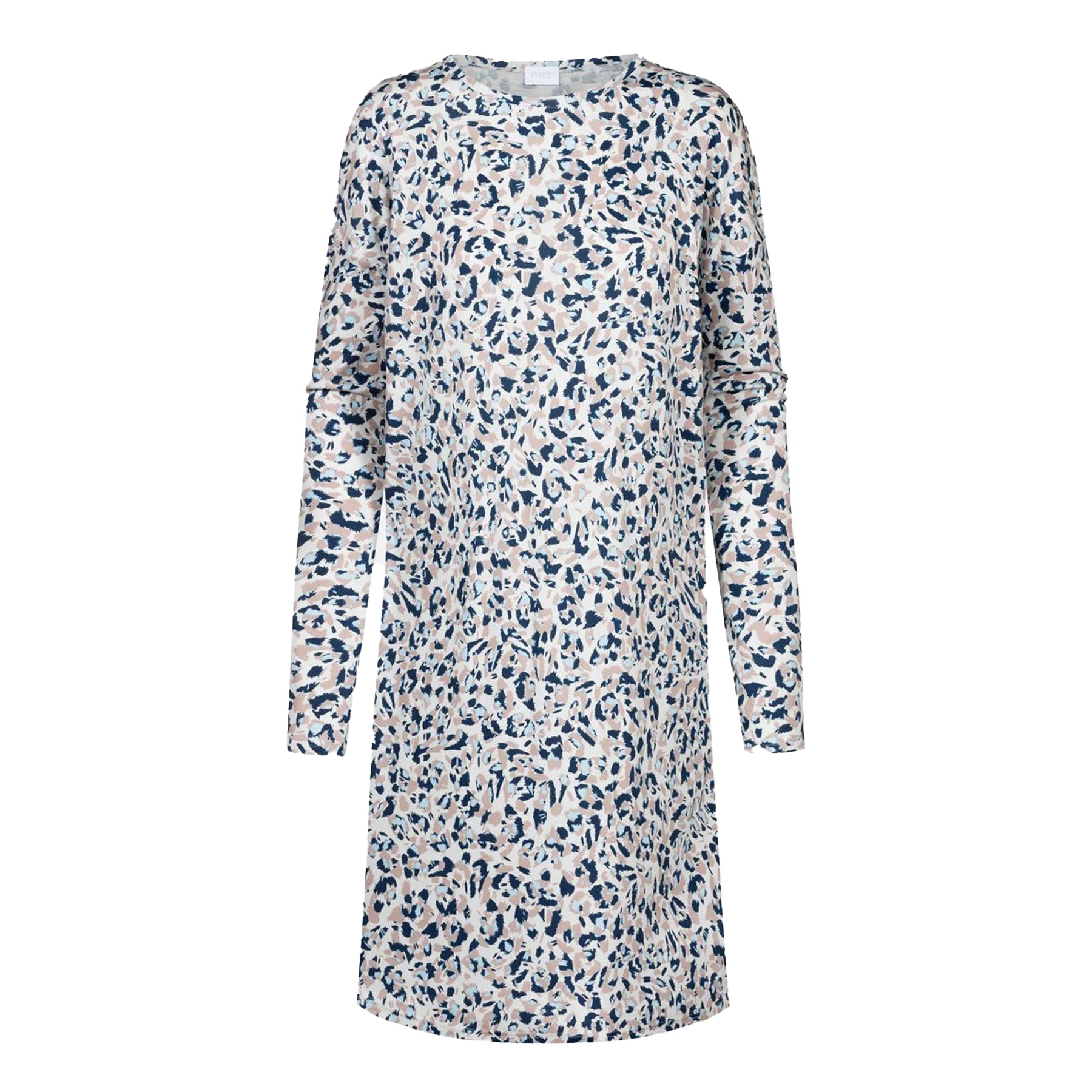 White long-sleeve nightgown with navy and beige abstract print, displayed flat on plain background.
