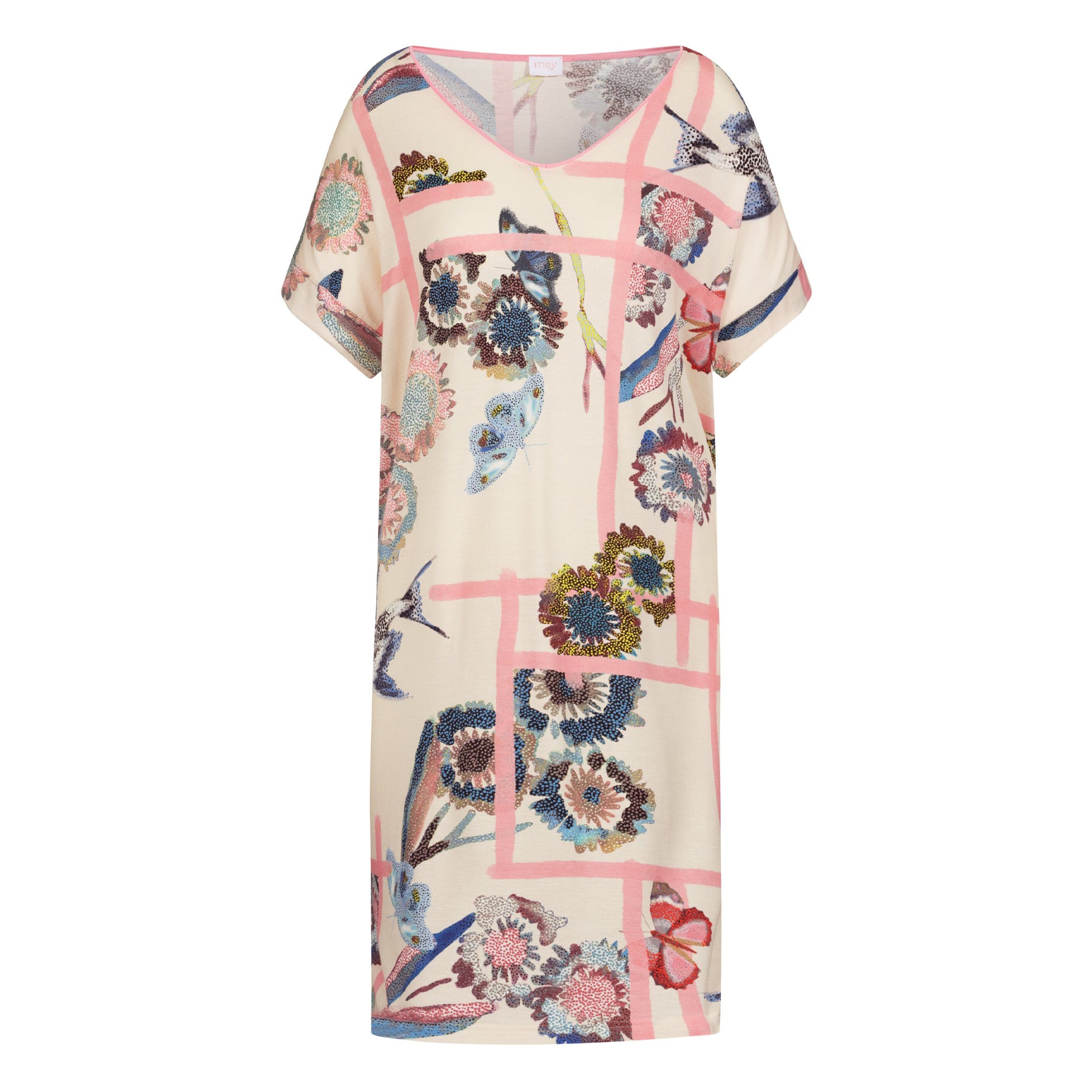 Women’s short-sleeve nightdress in a cream tone with fragmented garden floral print, knee-length cut and soft drape, laid flat on a white background.