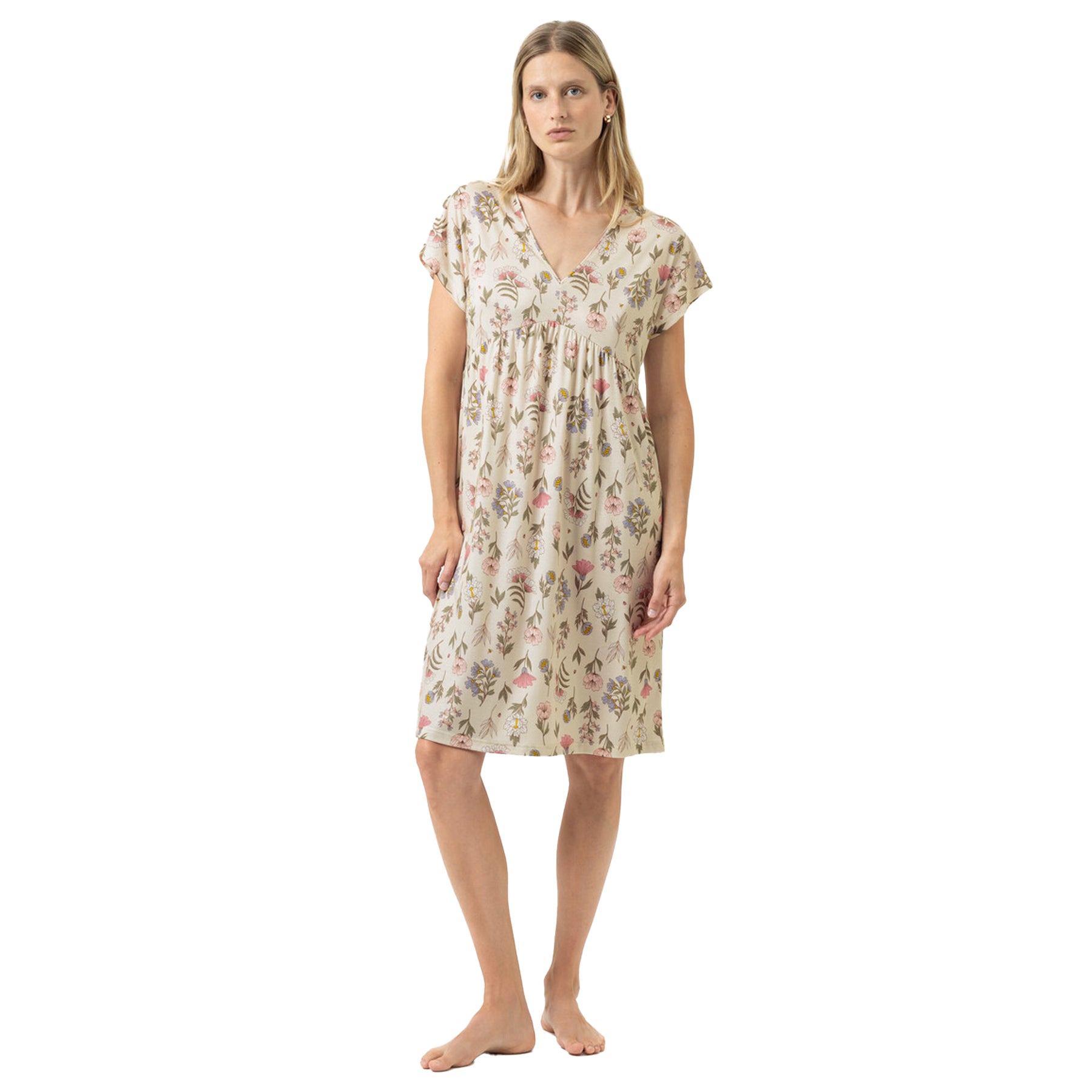 Front view of almond milk floral short sleeve sleep dress with gathered waist seam – style 1230122.