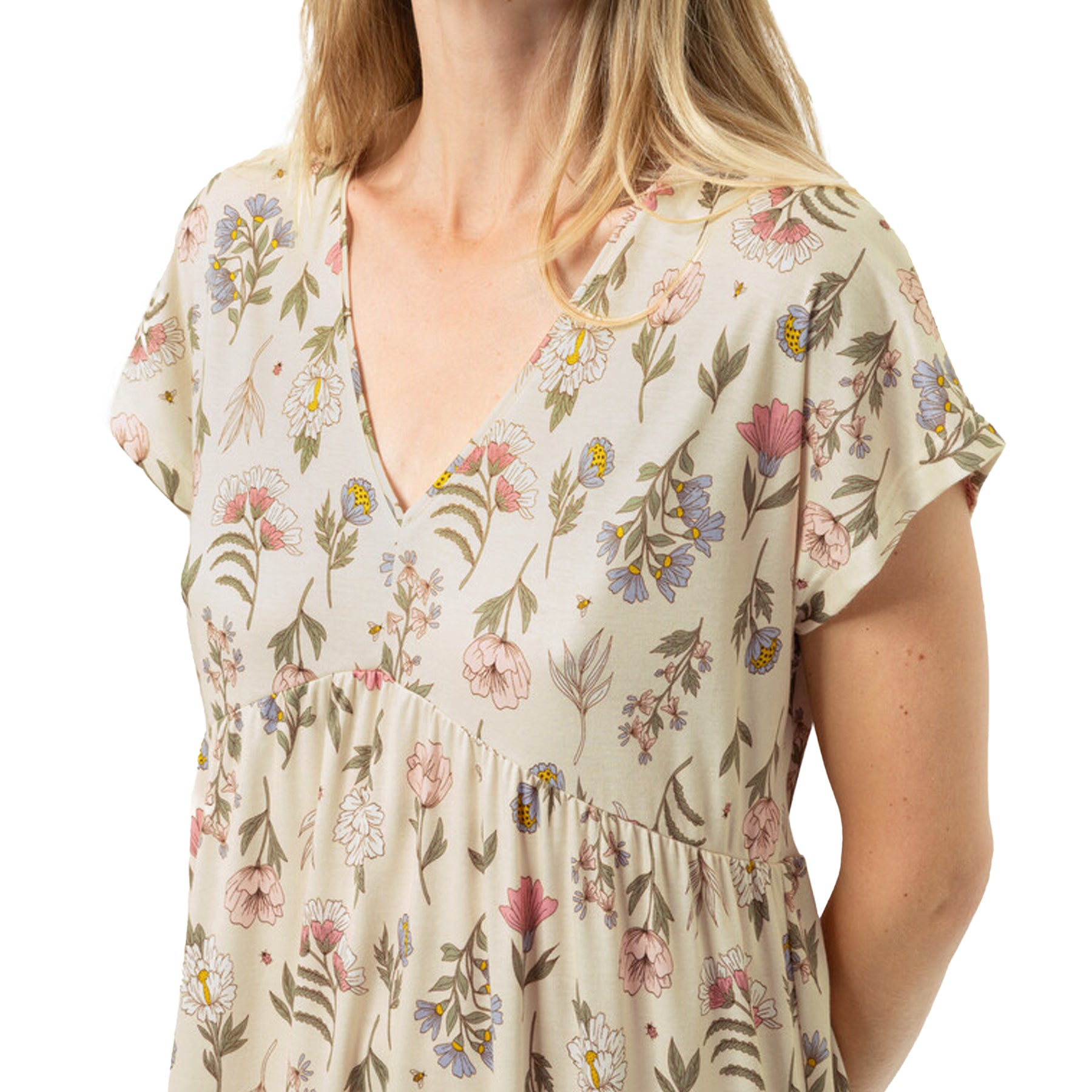 Close-up of V-neckline and floral print detail on almond milk women’s nightgown – style 1230122.