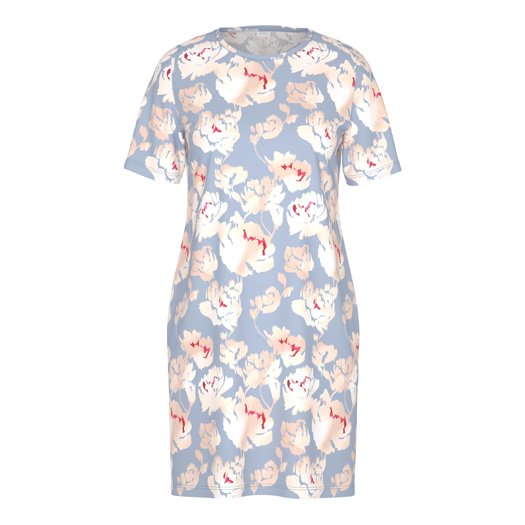 Floral short-sleeve nightdress in soft blue with peach-and-ivory flower print, straight silhouette and round neckline, laid flat on a white background.