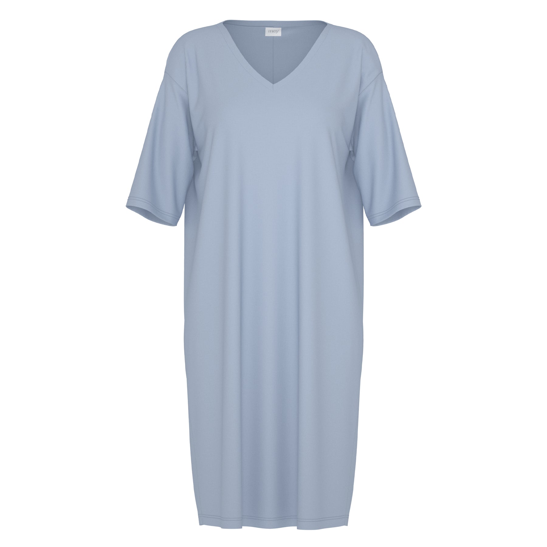 Soft blue knee-length nightdress with a relaxed silhouette, V-neckline, and elbow-length sleeves, laid flat on a white background.