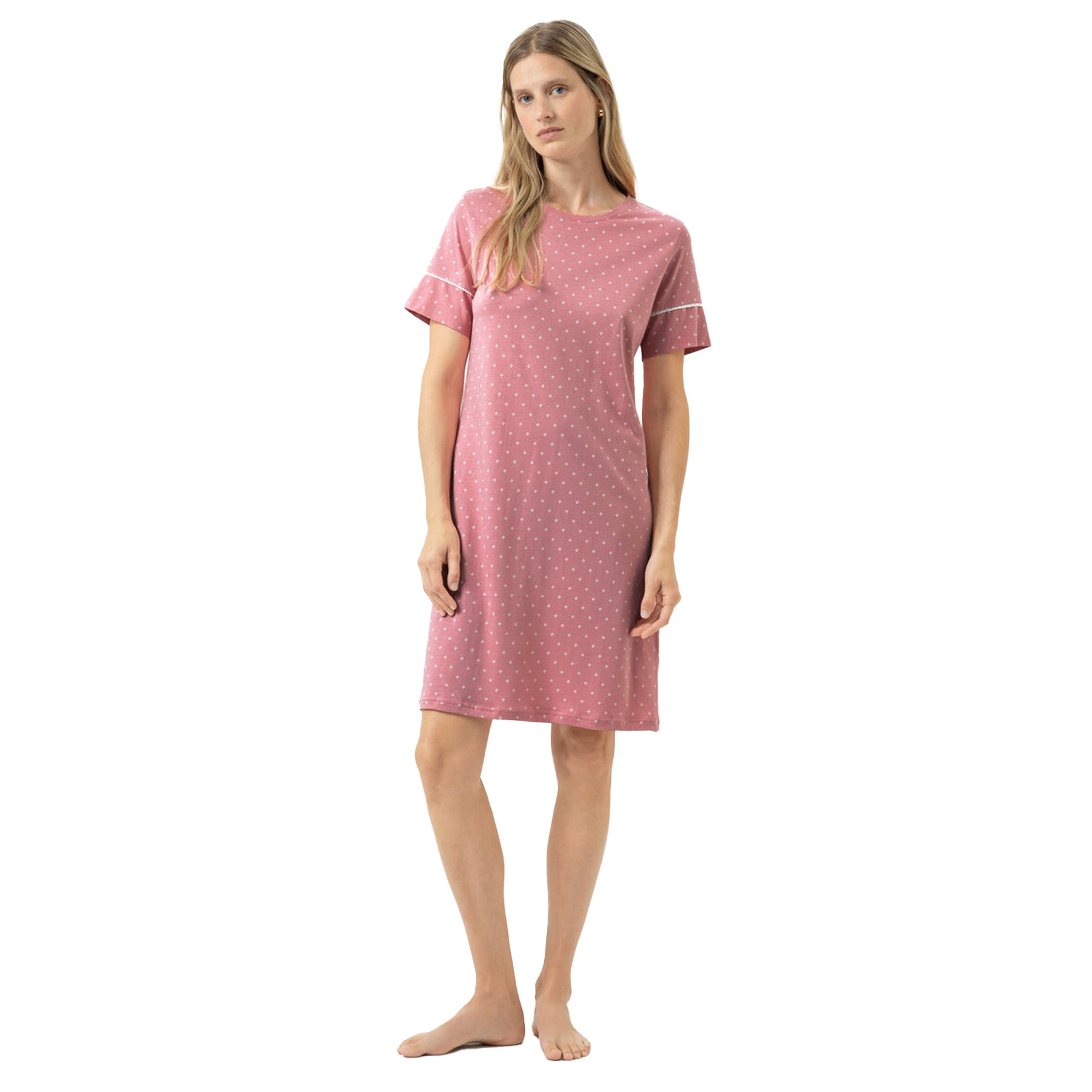 Women’s short sleeve nightdress in soft rosewood with small white dot print and relaxed fit – style 1230144.