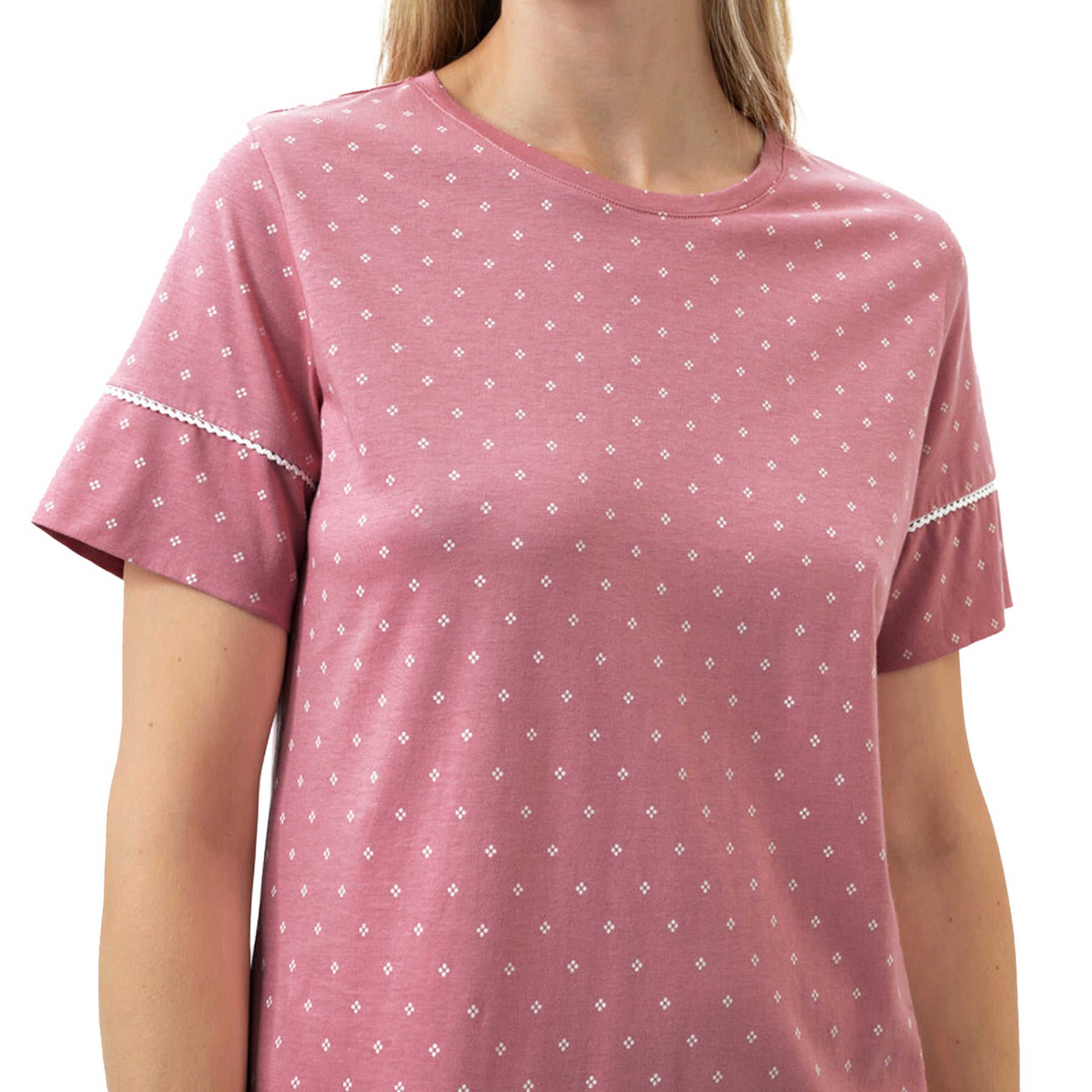 Close-up of soft rosewood nightgown with white dot pattern and sleeve trim detail – style 1230144.