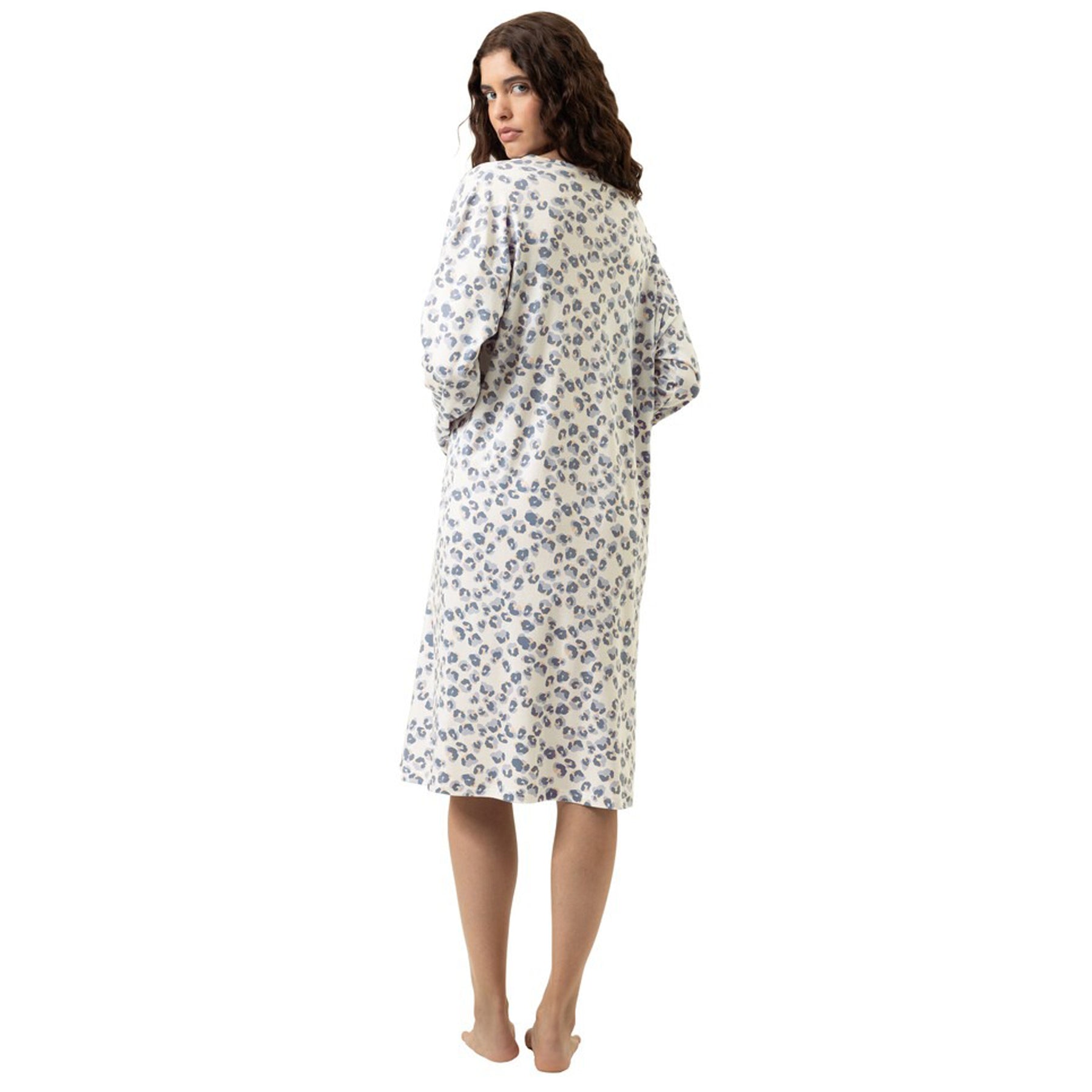 Back view of ivory leopard print nightdress with long sleeves, V-neckline, and relaxed knee-length fit.