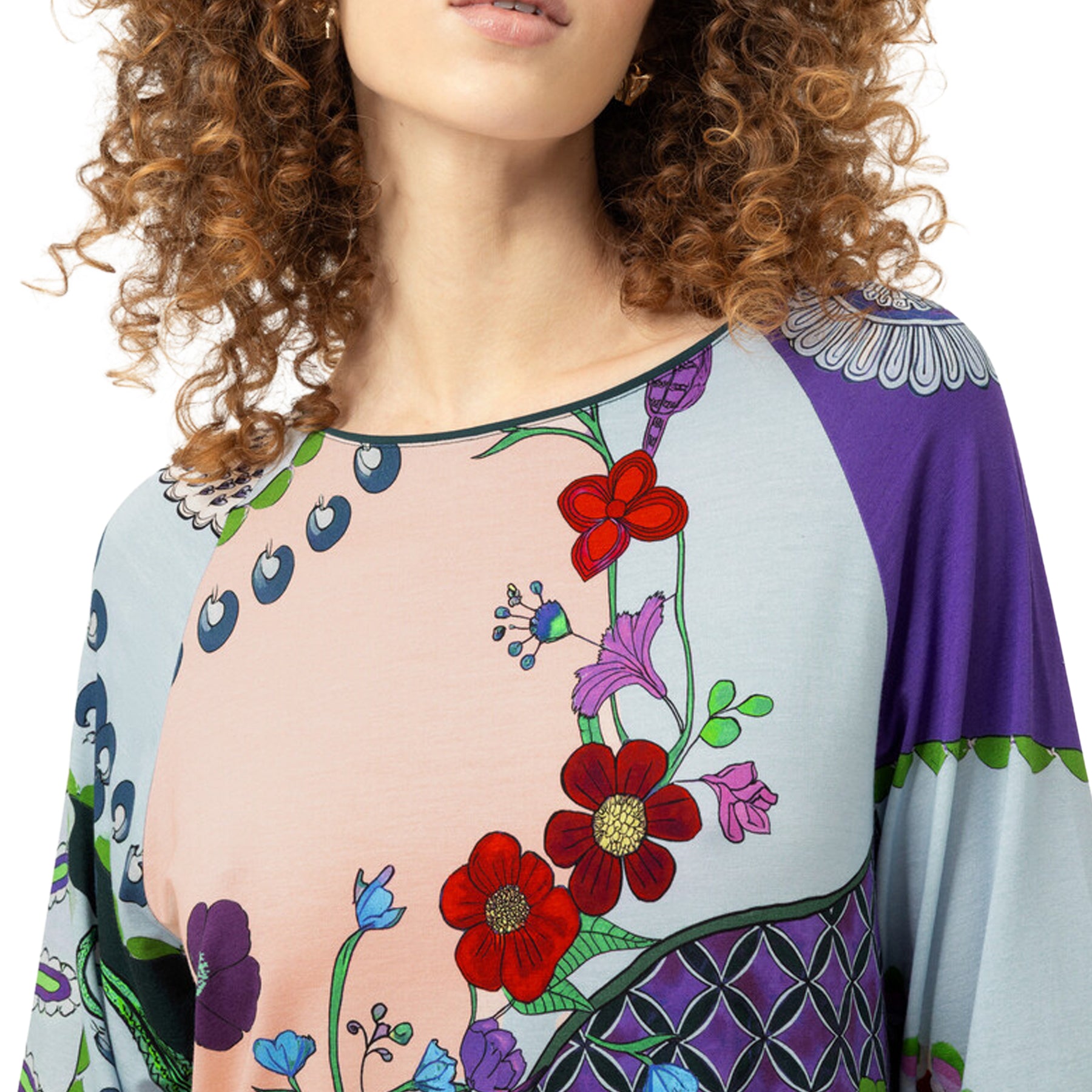 Close-up of the Mey Secret Glade sleep shirt featuring a round neckline, three-quarter sleeves with contrasting cuffs, and whimsical floral and owl artwork.