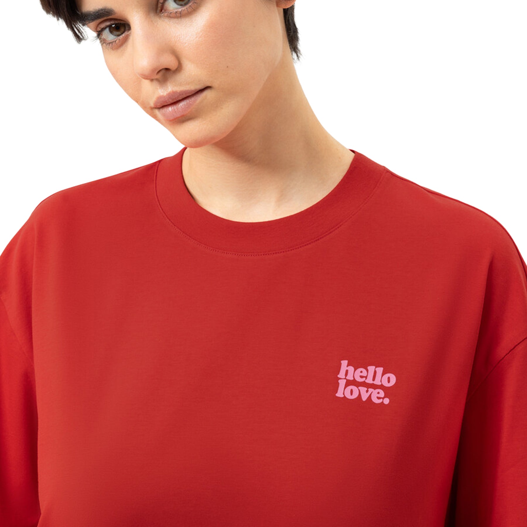 Close-up of the Mey sleep shirt in Red Carpet showcasing the classic crew neckline and embroidered "hello love." graphic.
