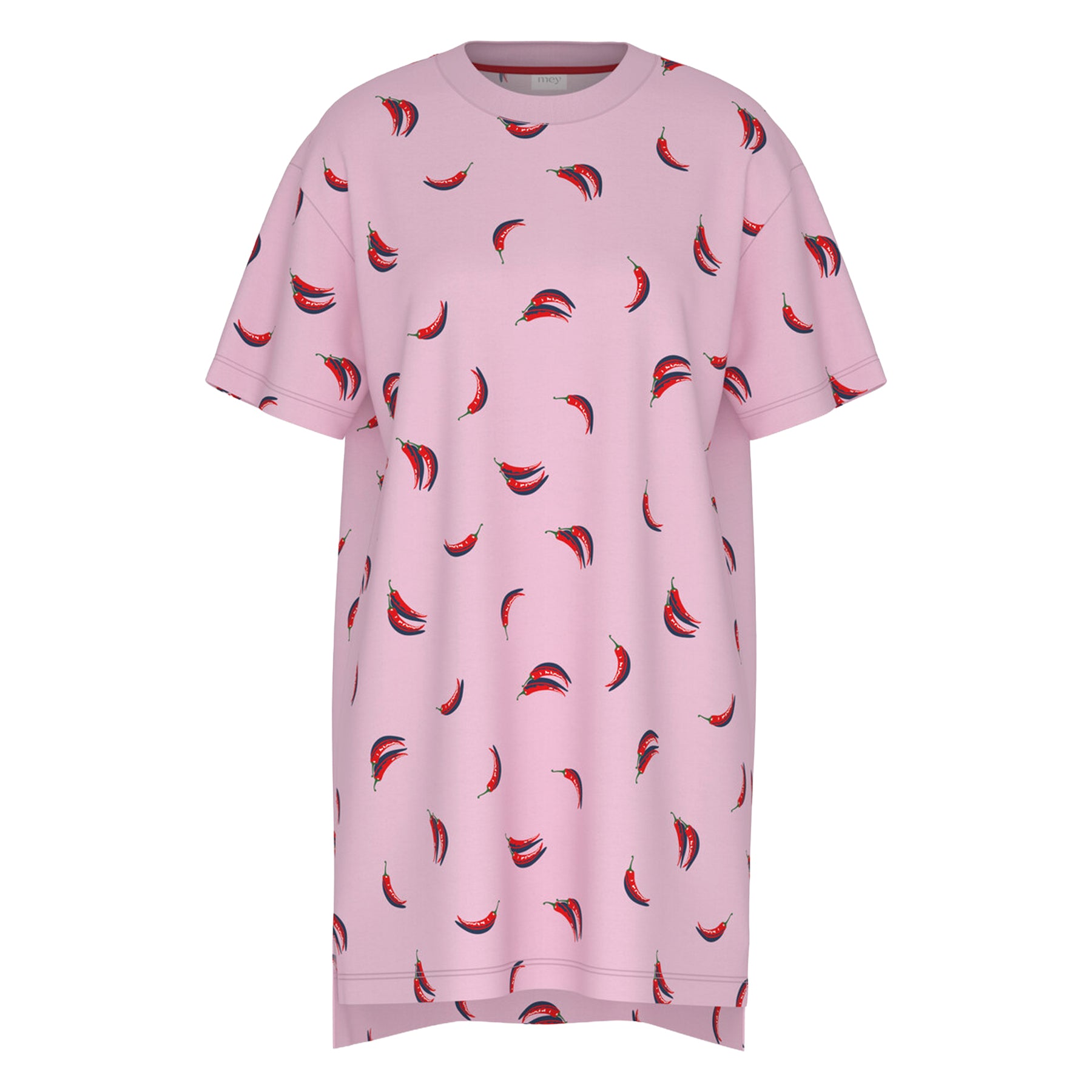 Product view of pink short-sleeve sleep shirt with red chili pepper print, crew neckline, relaxed fit and high-low hem.