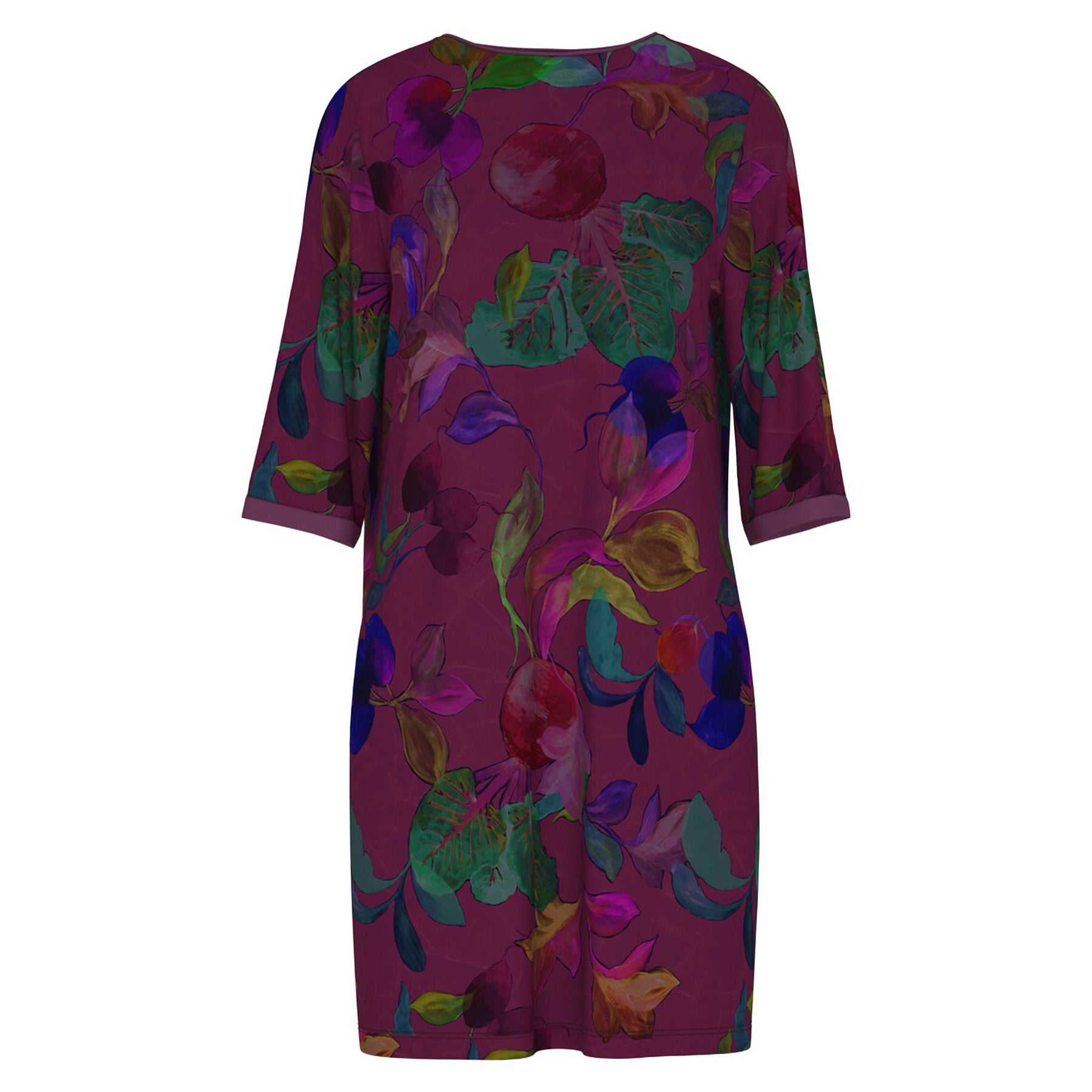 Back view of the Mey Crushed Berry sleepshirt displaying the artistic botanical print in rich berry, plum, green, and violet tones with a relaxed straight fit.