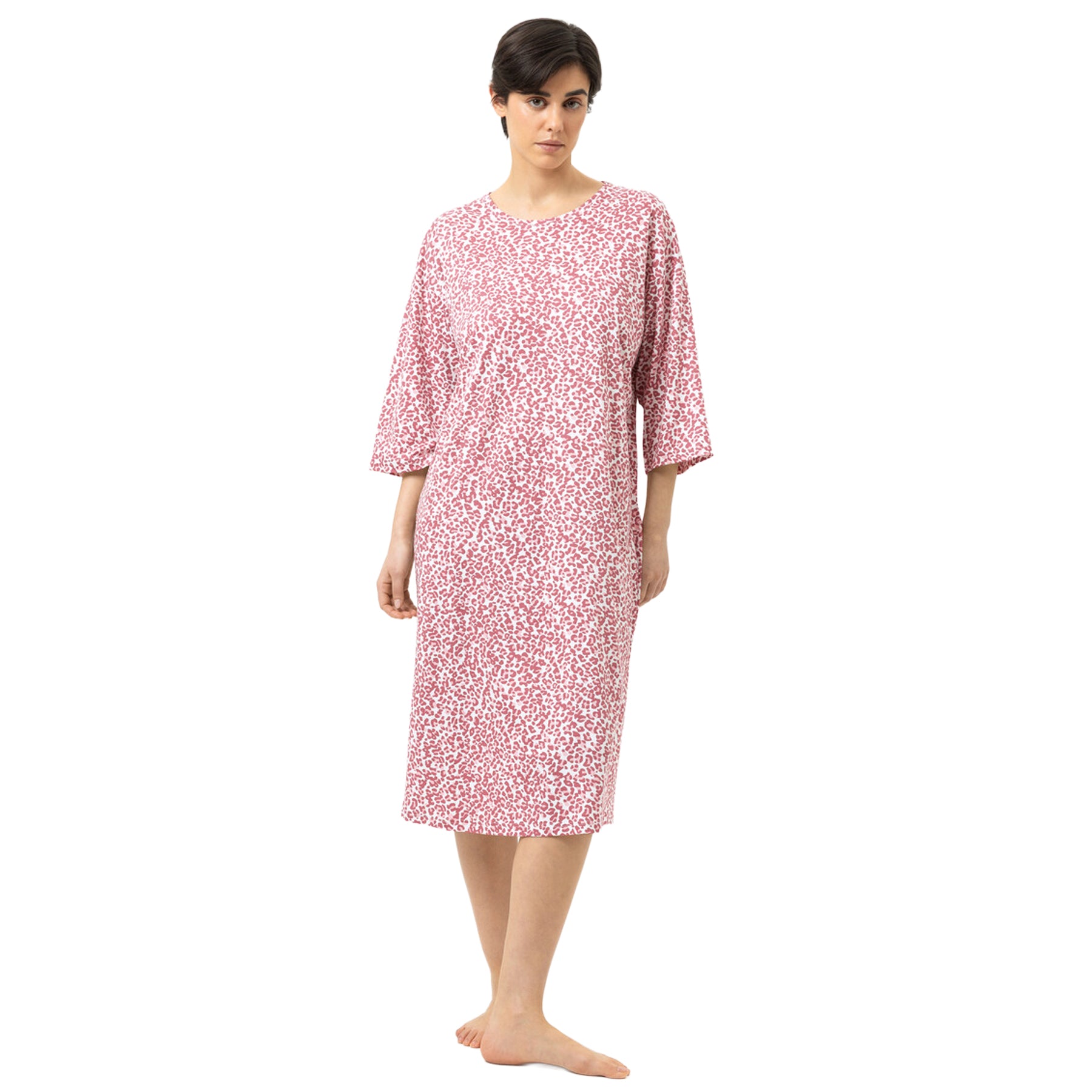 Mey long sleepshirt in Bridal Rose featuring a soft pink animal-inspired print, relaxed fit, three-quarter sleeves, and a classic round neckline.