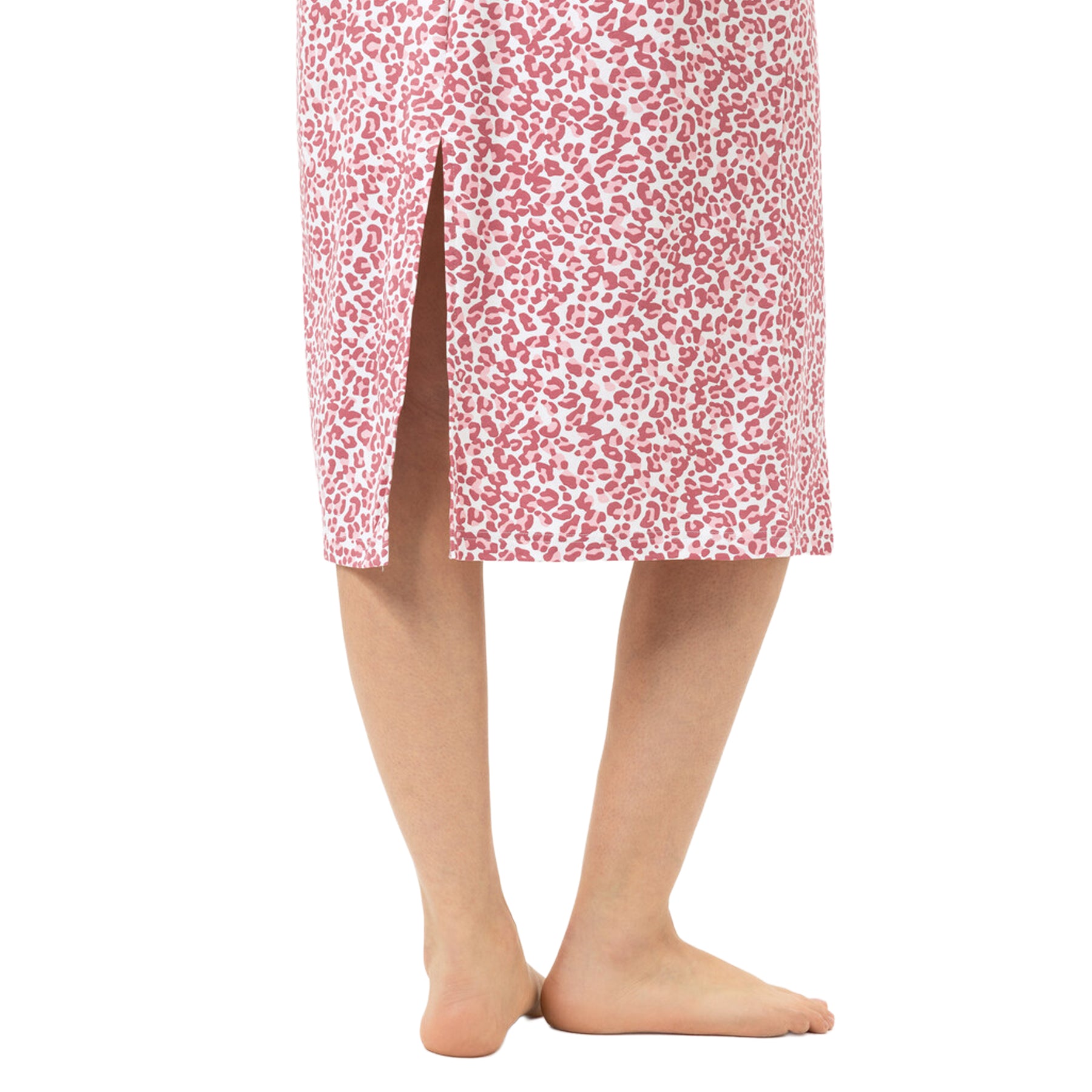 Close-up of the back slit on the Mey Bridal Rose sleepshirt, highlighting the soft fabric, clean finish, and playful pink animal print.