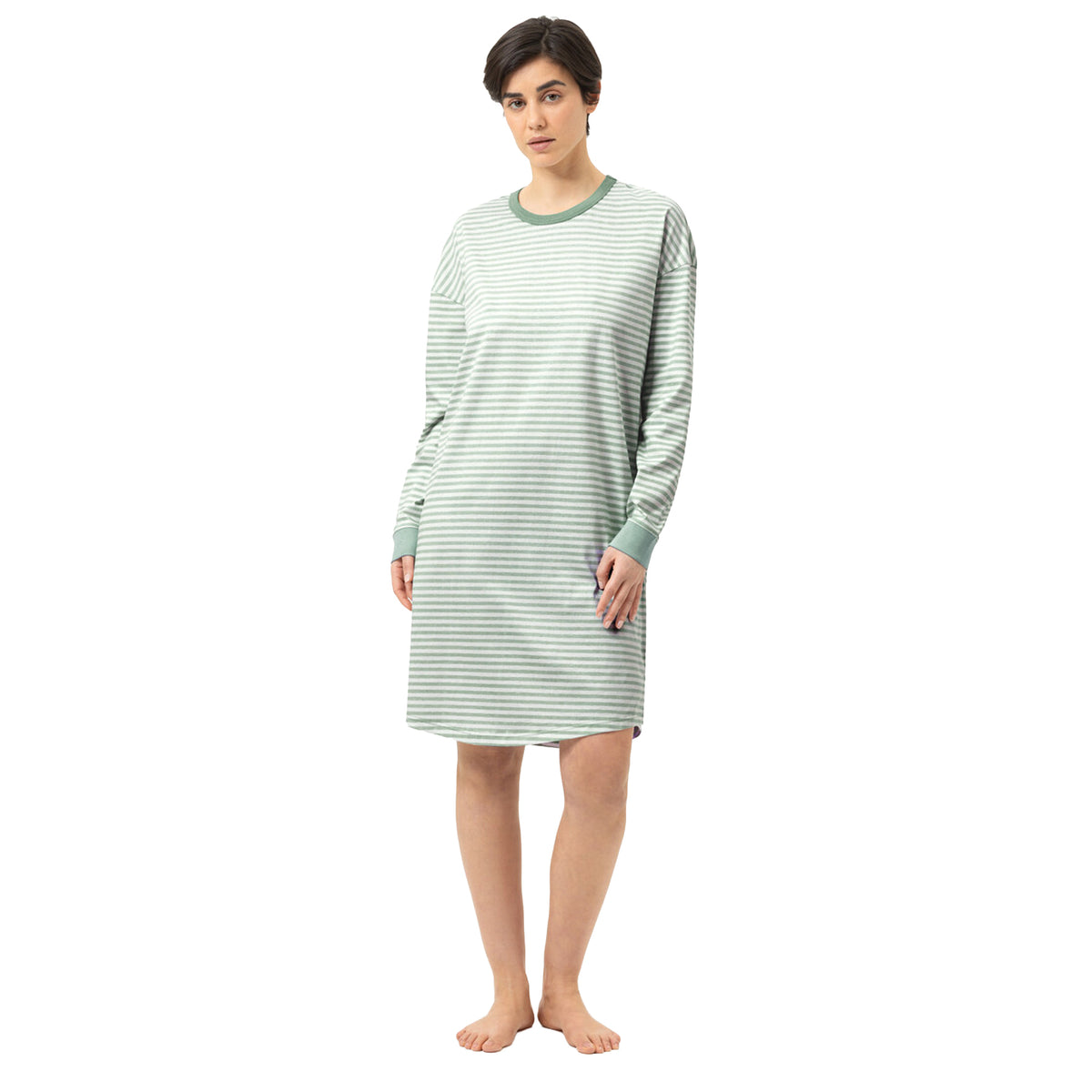 Mey women’s long-sleeve nightgown in soft sea salt green and white stripes with a relaxed fit and contrast trim.