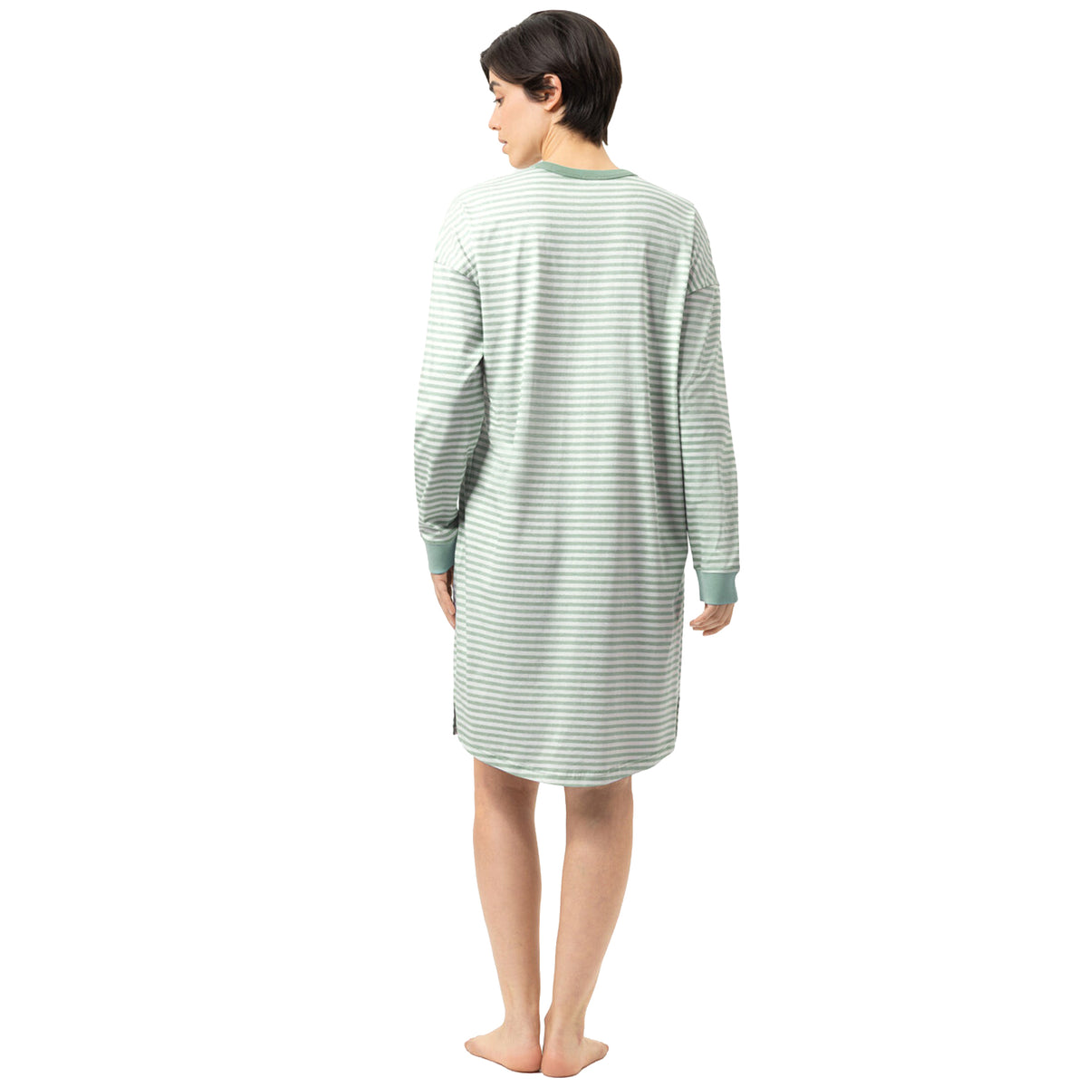Back view of Mey striped nightgown in sea salt green and white with long sleeves and a relaxed knee-length silhouette.