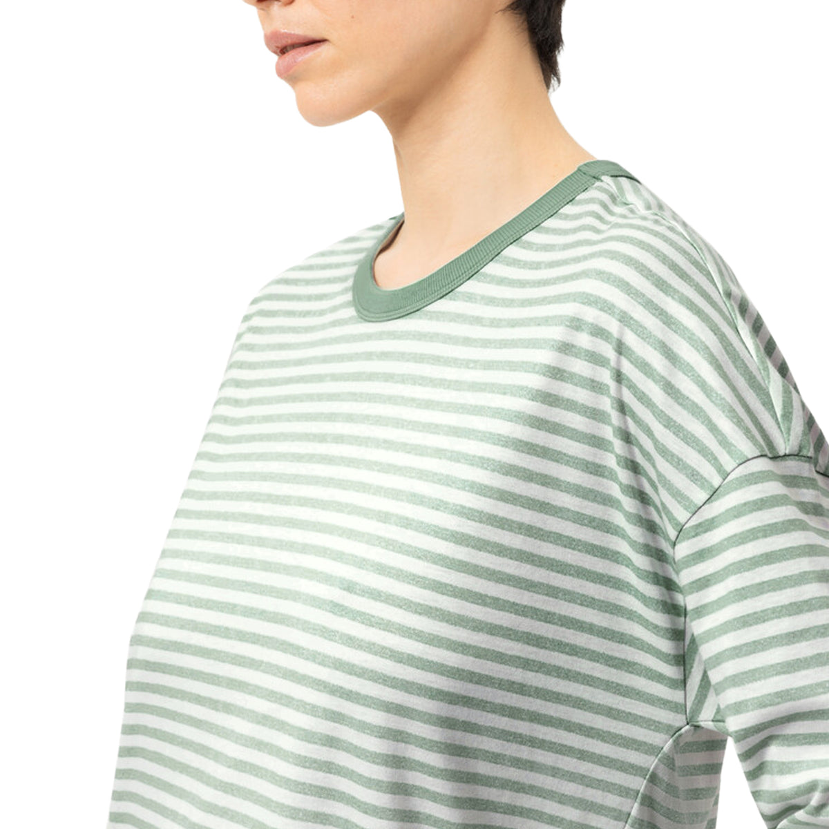 Close-up of Mey nightgown showing soft sea salt green and white striped fabric, round neckline and contrast green trim.