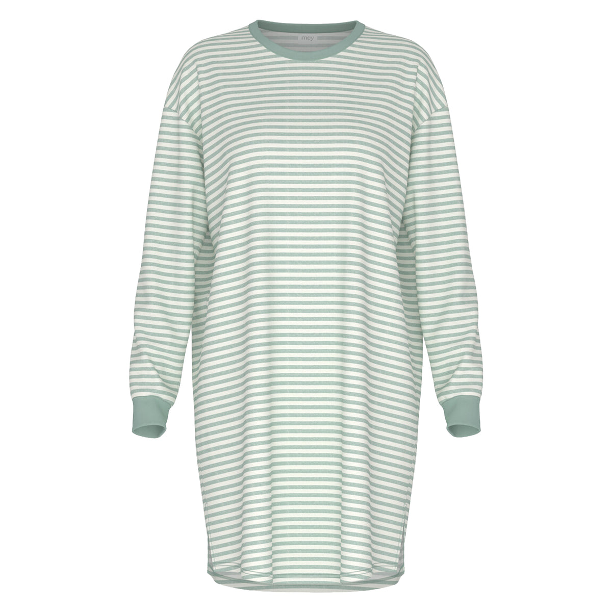 Mey long-sleeve striped nightgown in sea salt green and white with a round neckline, relaxed fit and contrast cuffs.