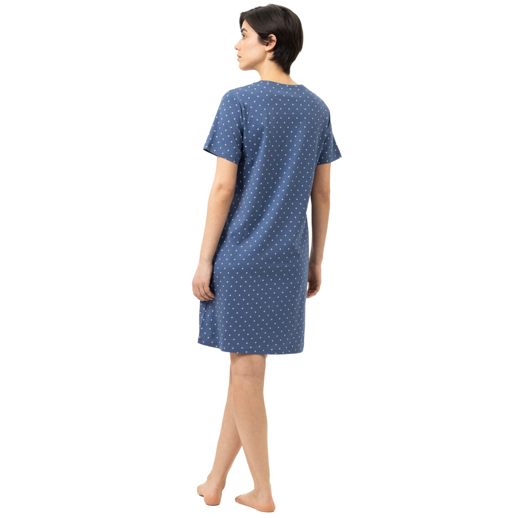 Back view of the Mey Midnight Dust blue short sleeve sleepshirt featuring an all-over white geometric print and relaxed silhouette.