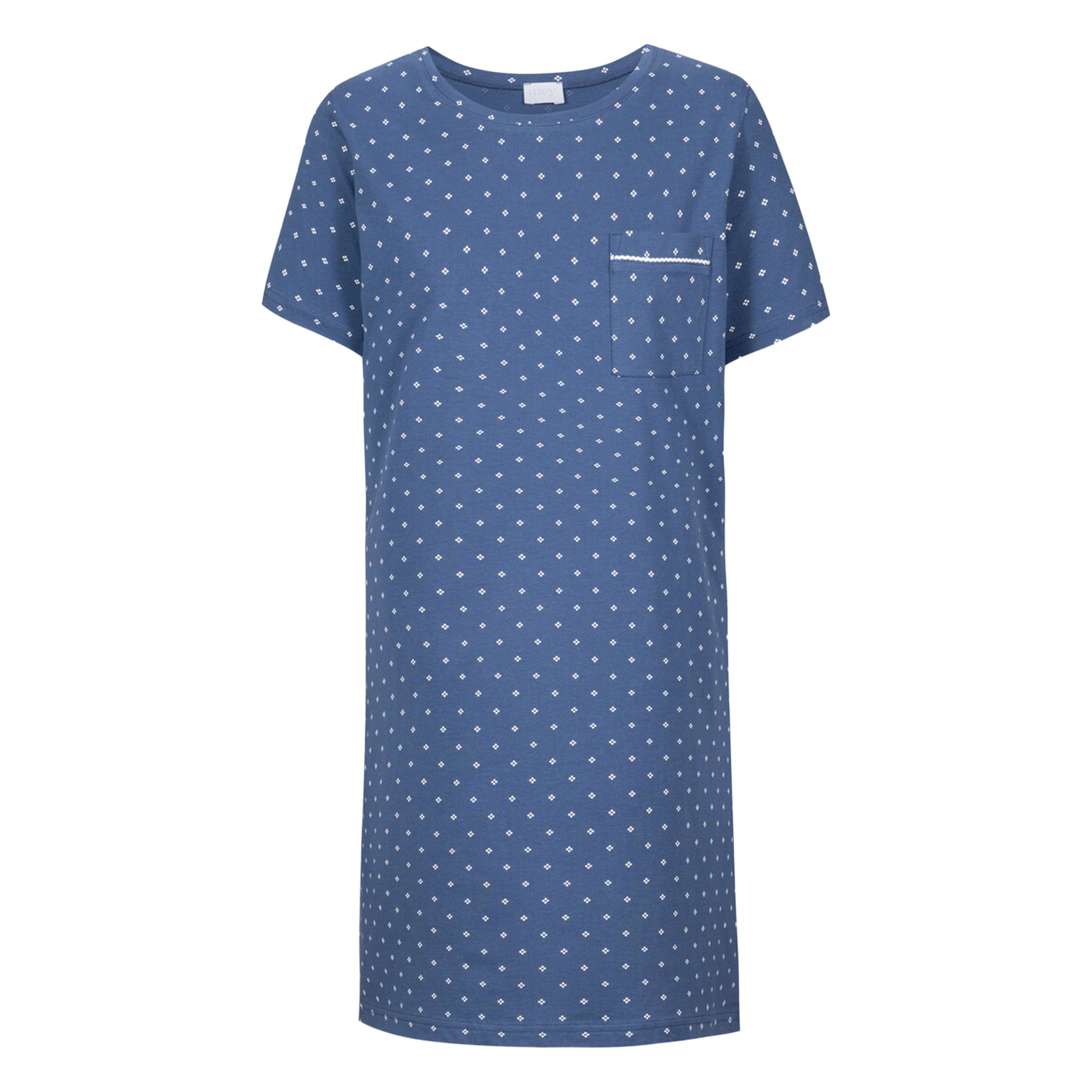 Mey Midnight Dust short sleeve sleepshirt in blue with white geometric print, relaxed fit, chest pocket, and round neckline, product flat lay.