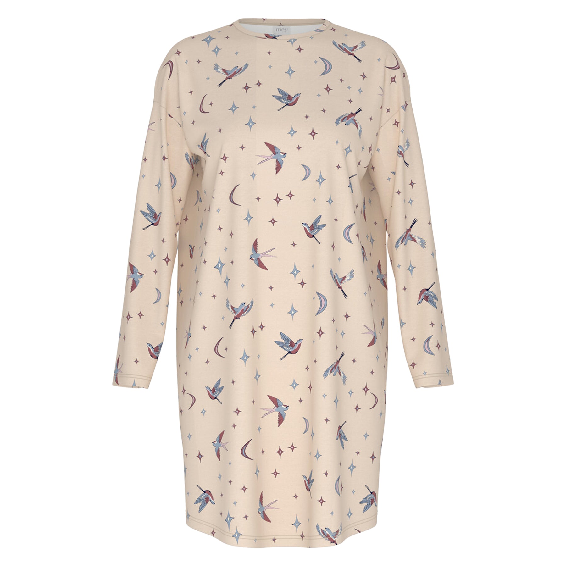 Product view of cream long-sleeve nightgown with bird, moon and star print, crew neckline and relaxed knee-length fit.